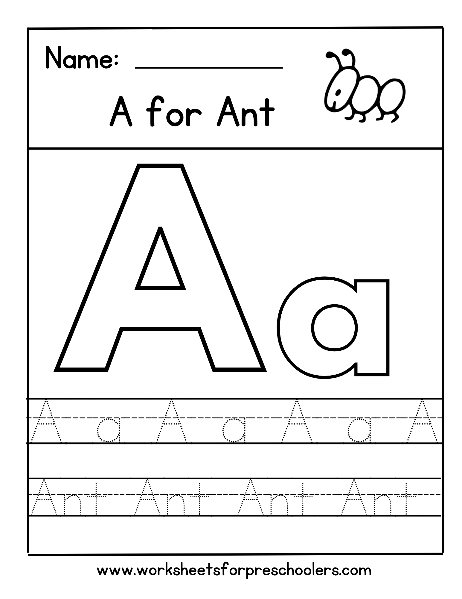 A for Ant Letter Tracing Worksheet 