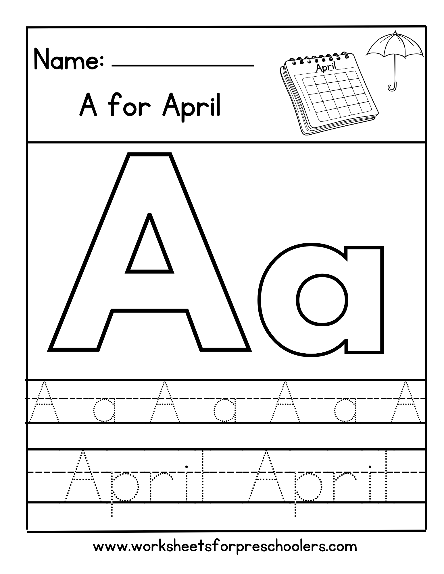 A for April Letter Tracing Worksheet  A for April Letter Tracing Worksheet
