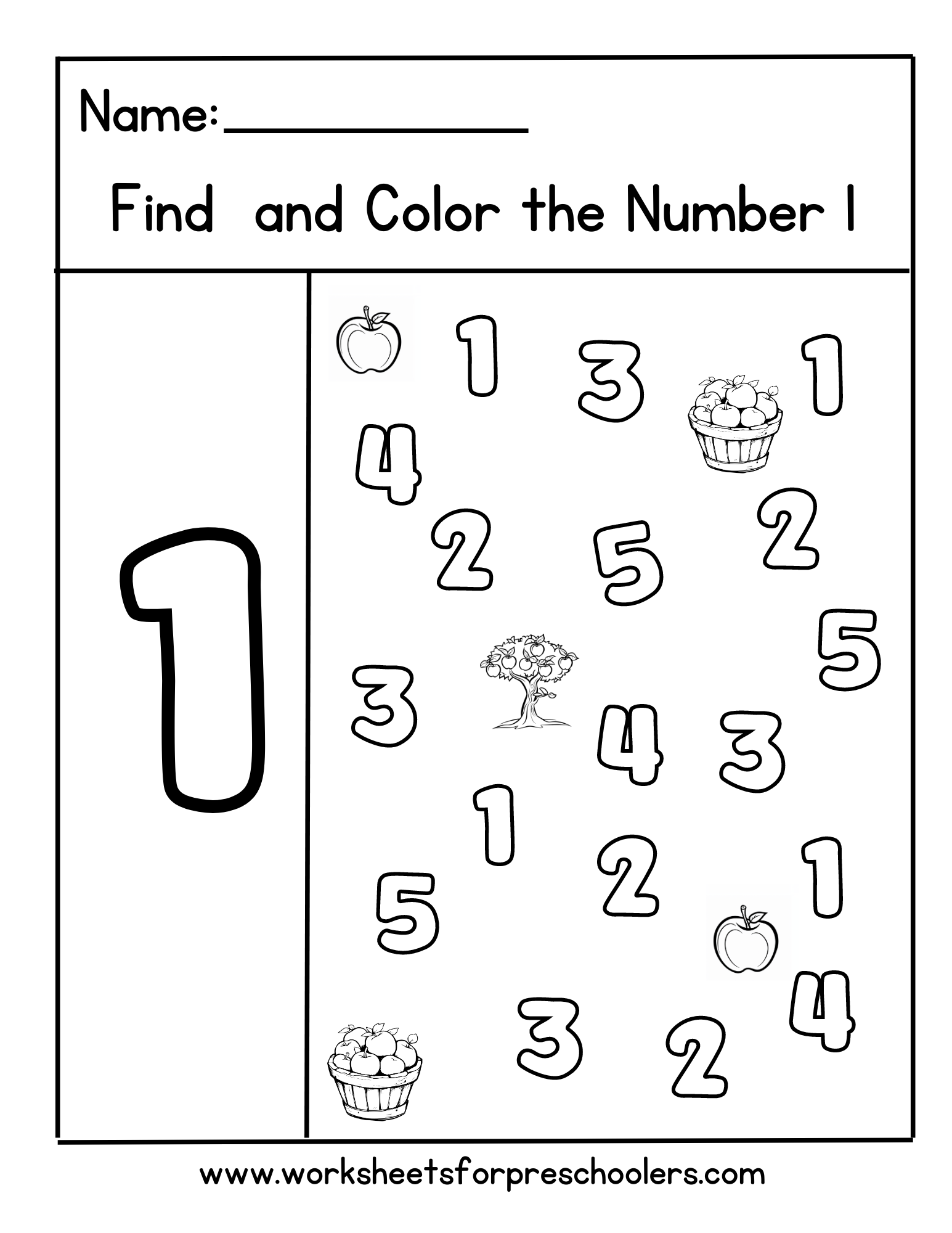 Apple Theme Find and Color Number 1 math Worksheet, A math activity sheet for preschoolers