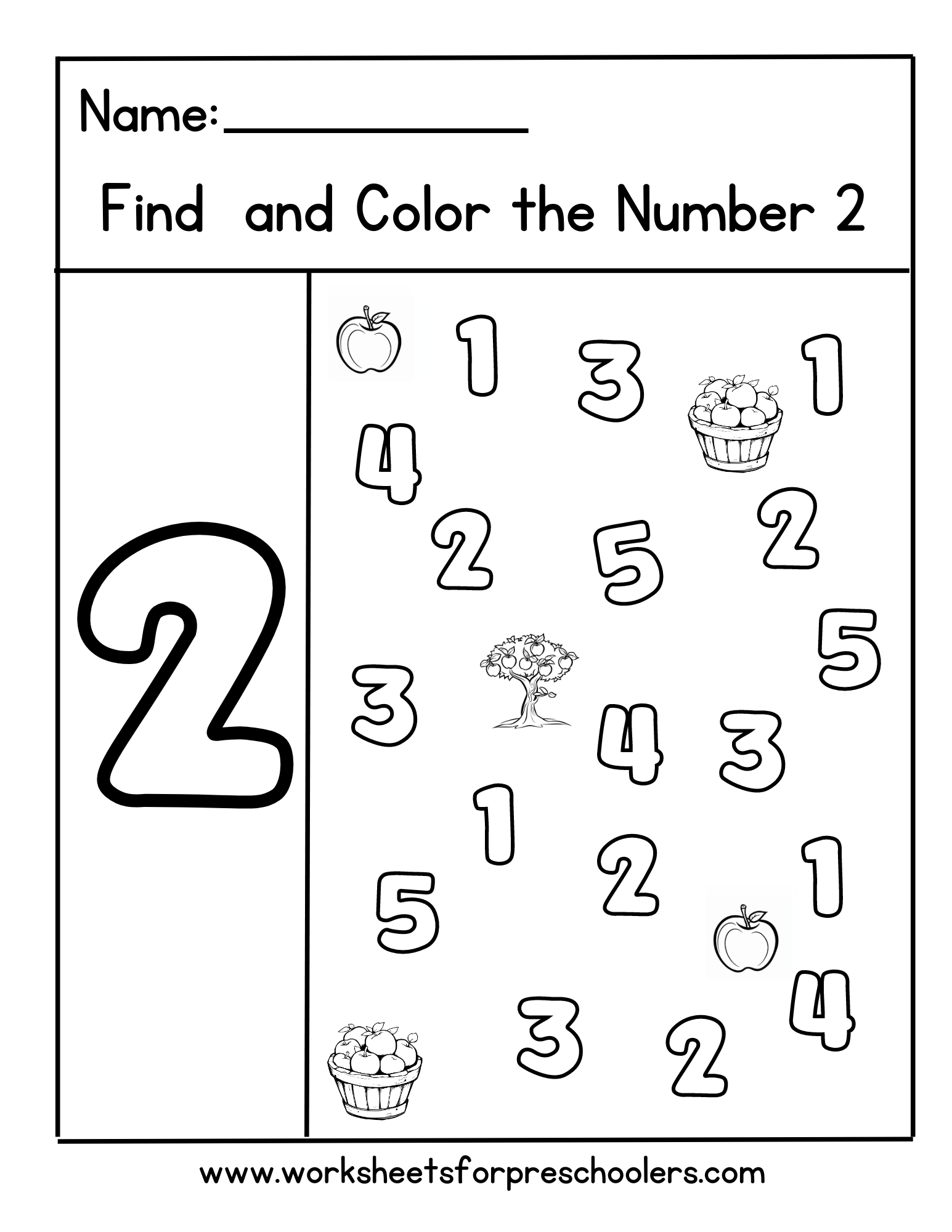 Apple Theme Find and Color Number 2 Math Worksheet