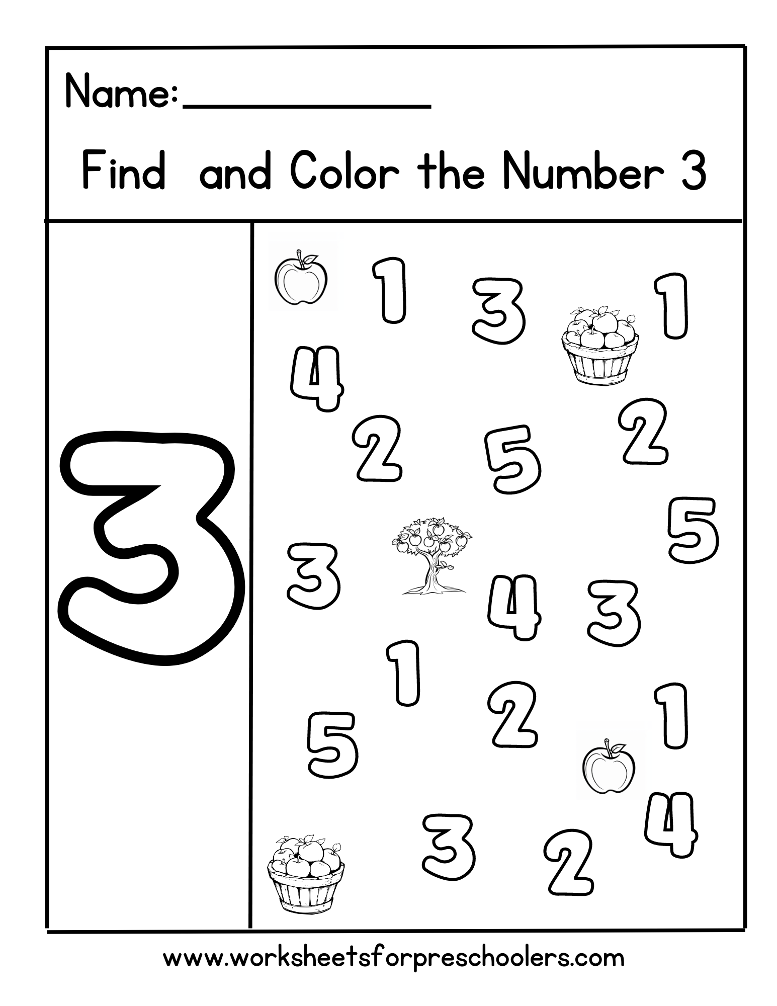 Apple Theme Find and Color Number 3 Math Worksheet