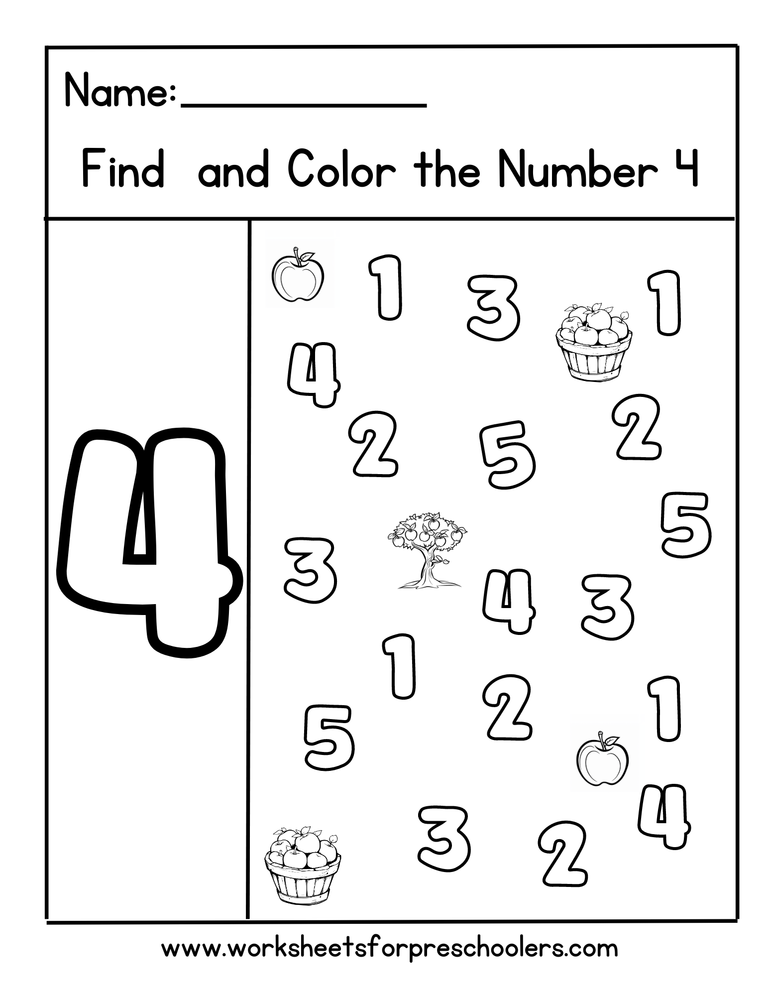 apple theme find and color number 4 math worksheet