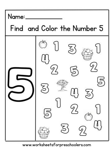 Apple Theme Find and Color Number 5 Math Worksheet