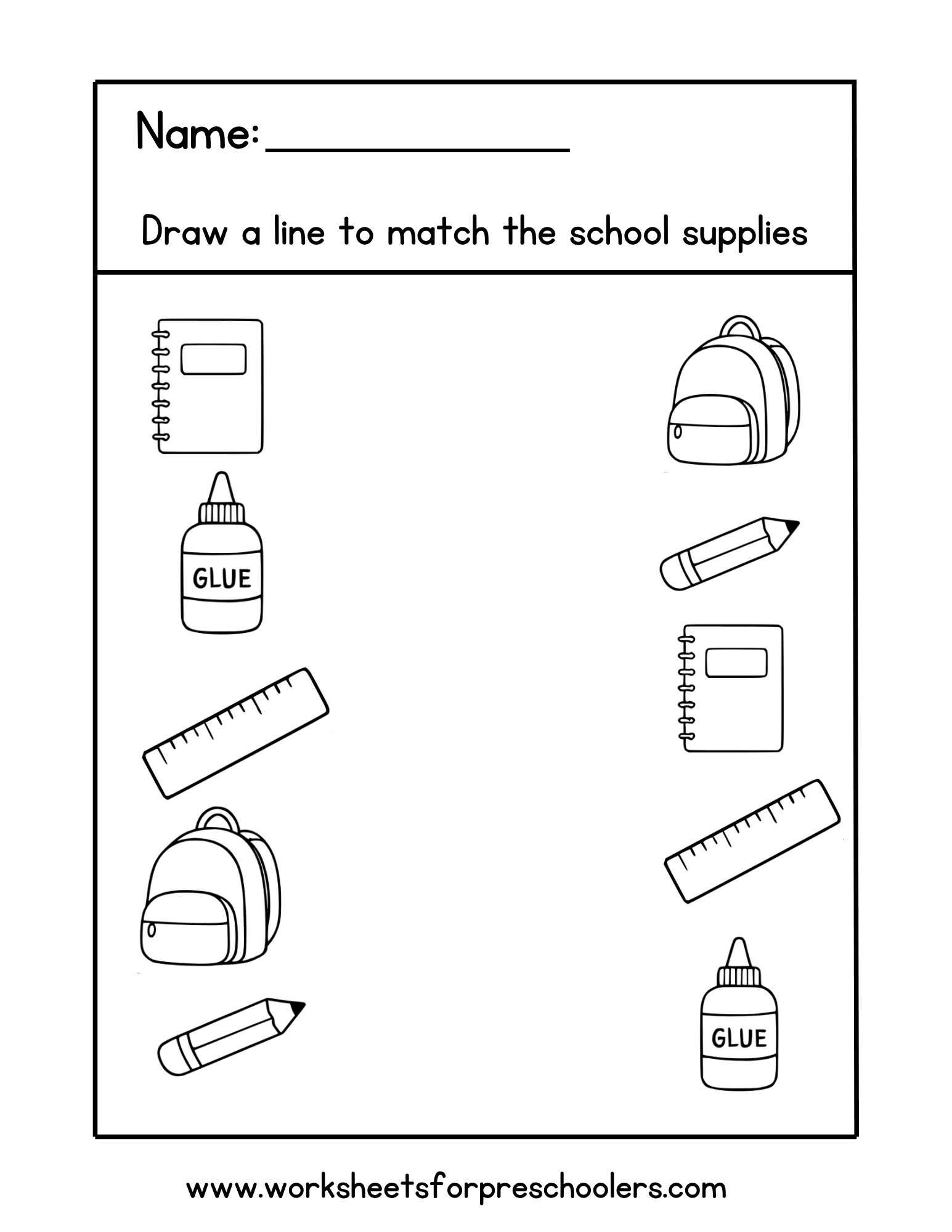 Back to School Supplies Matching Worksheet Back to School Supplies Matching Worksheet