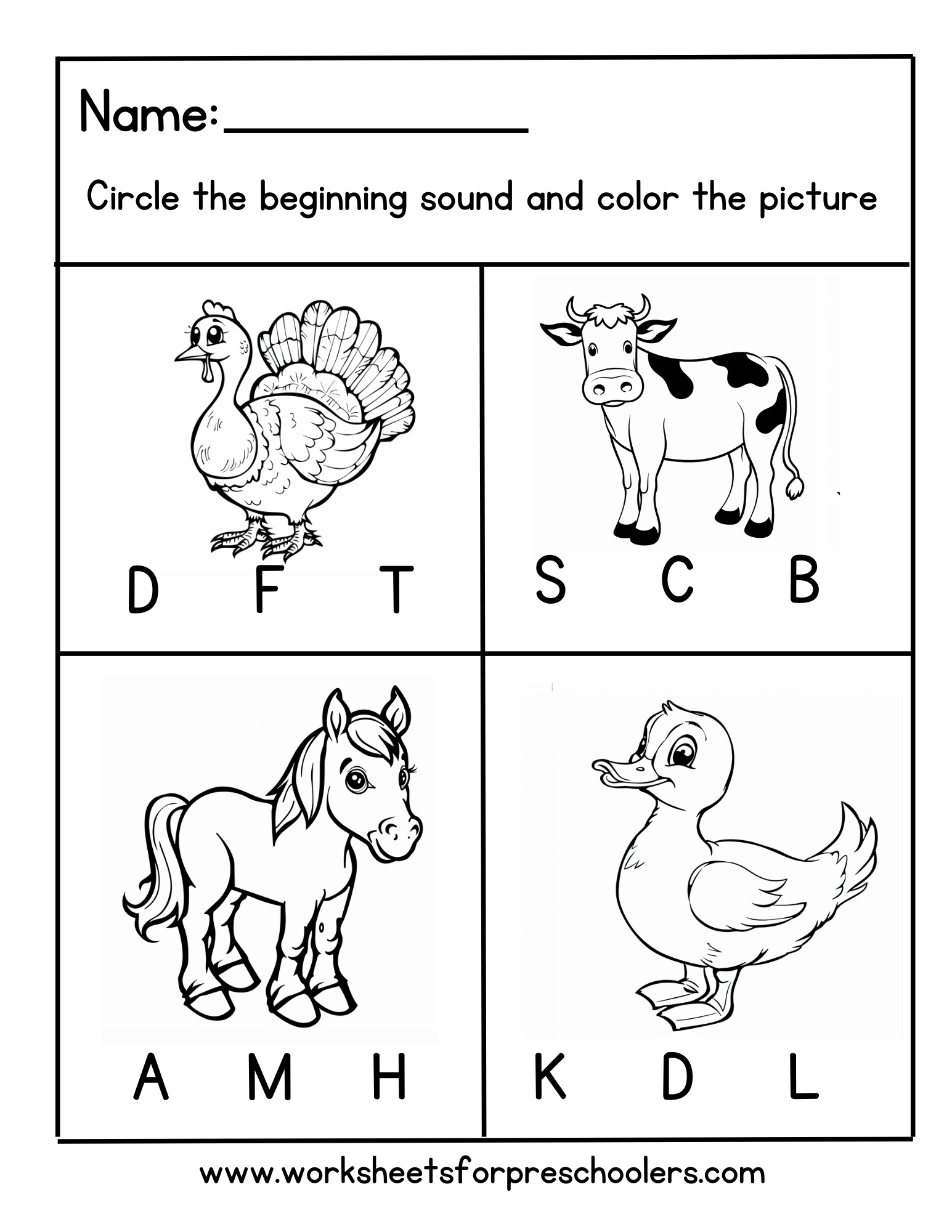 Beginning Sound Worksheet for Preschool Farm Animals