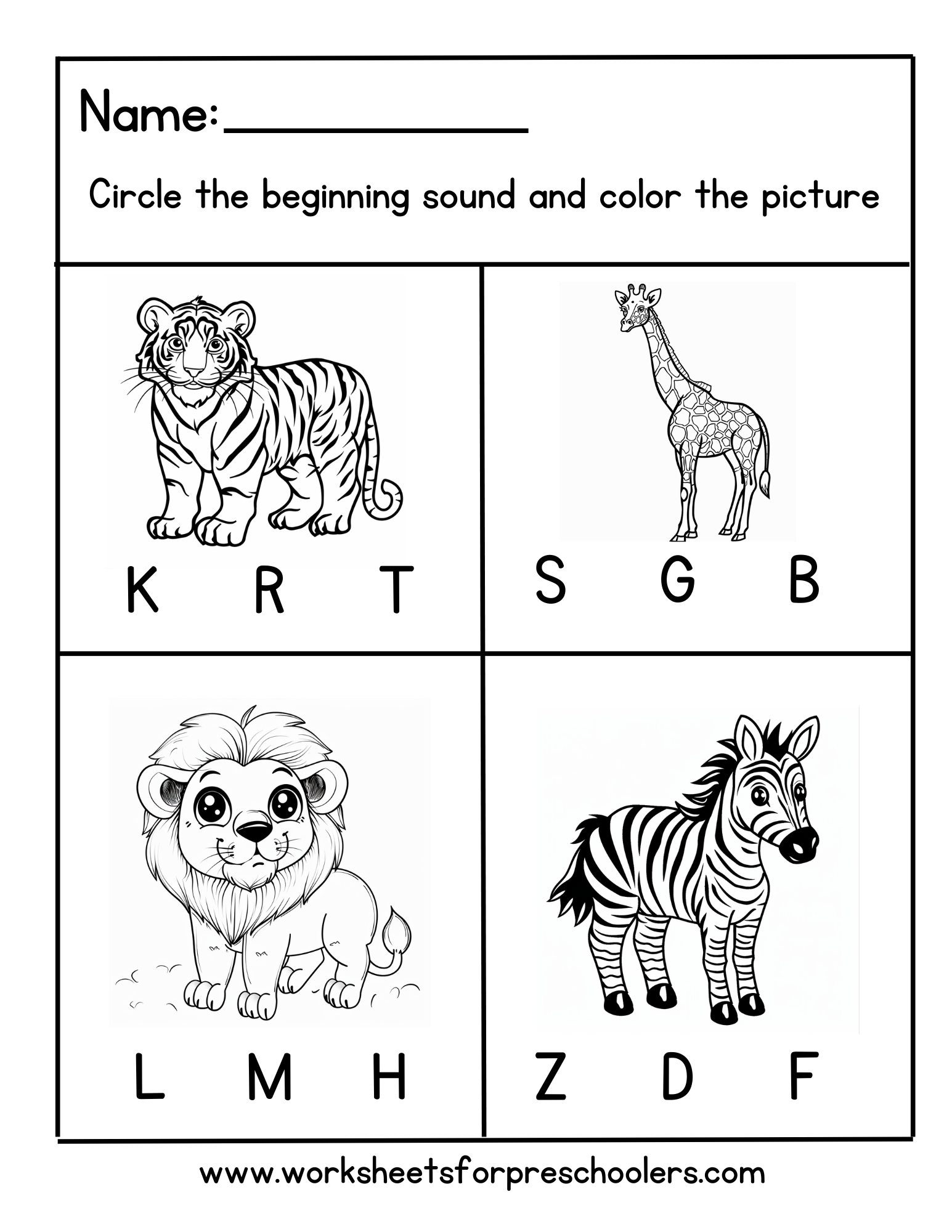 Beginning Sound Worksheet for Preschool Jungle Animals