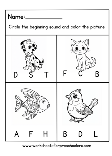 Beginning Sound Worksheet for Preschool Pet Theme