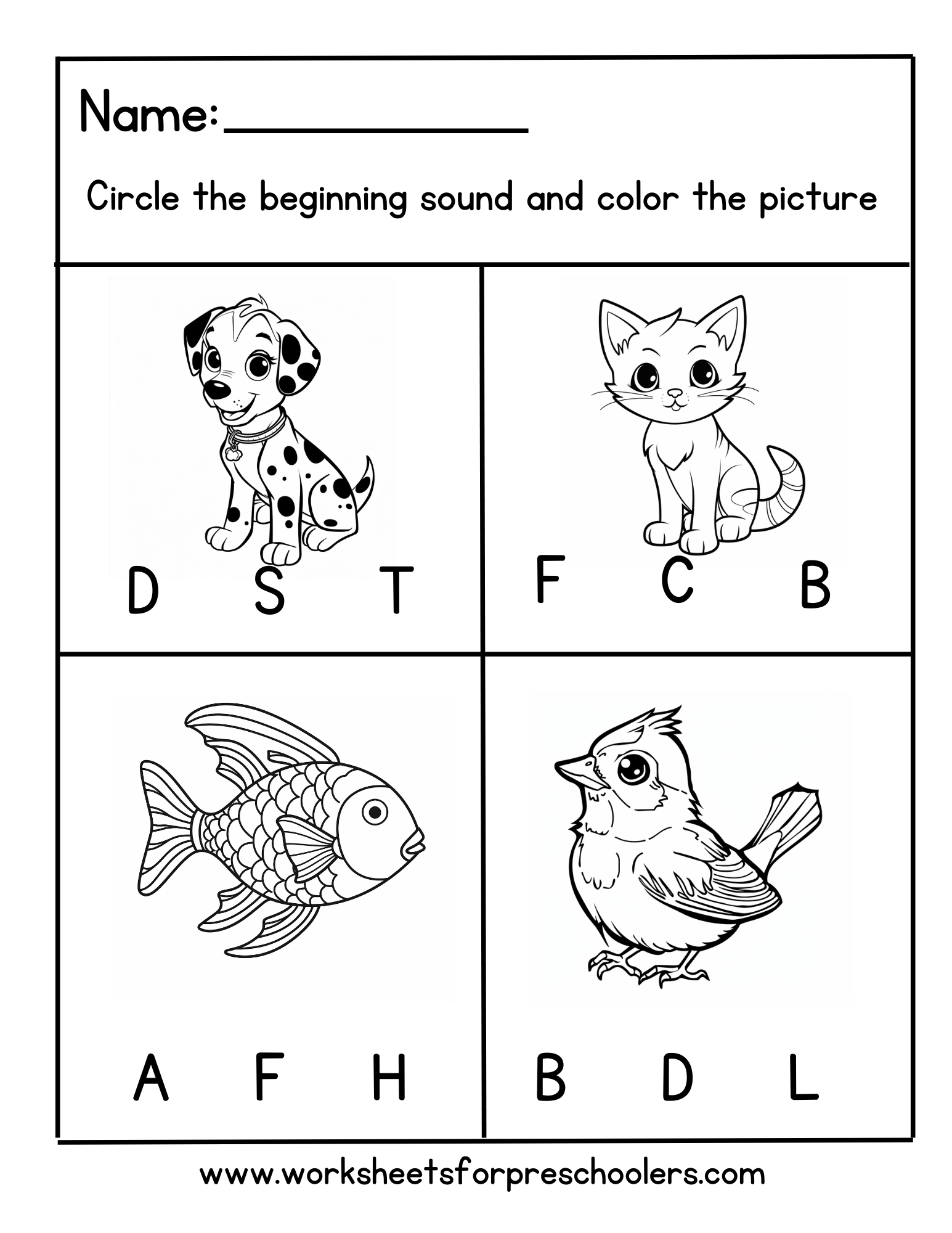 Beginning Sound Worksheet for Preschool Pet Theme