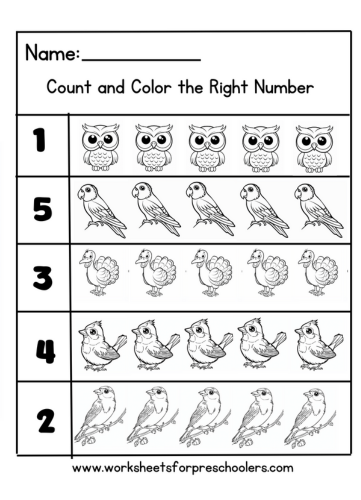 Count and color birds worksheet
