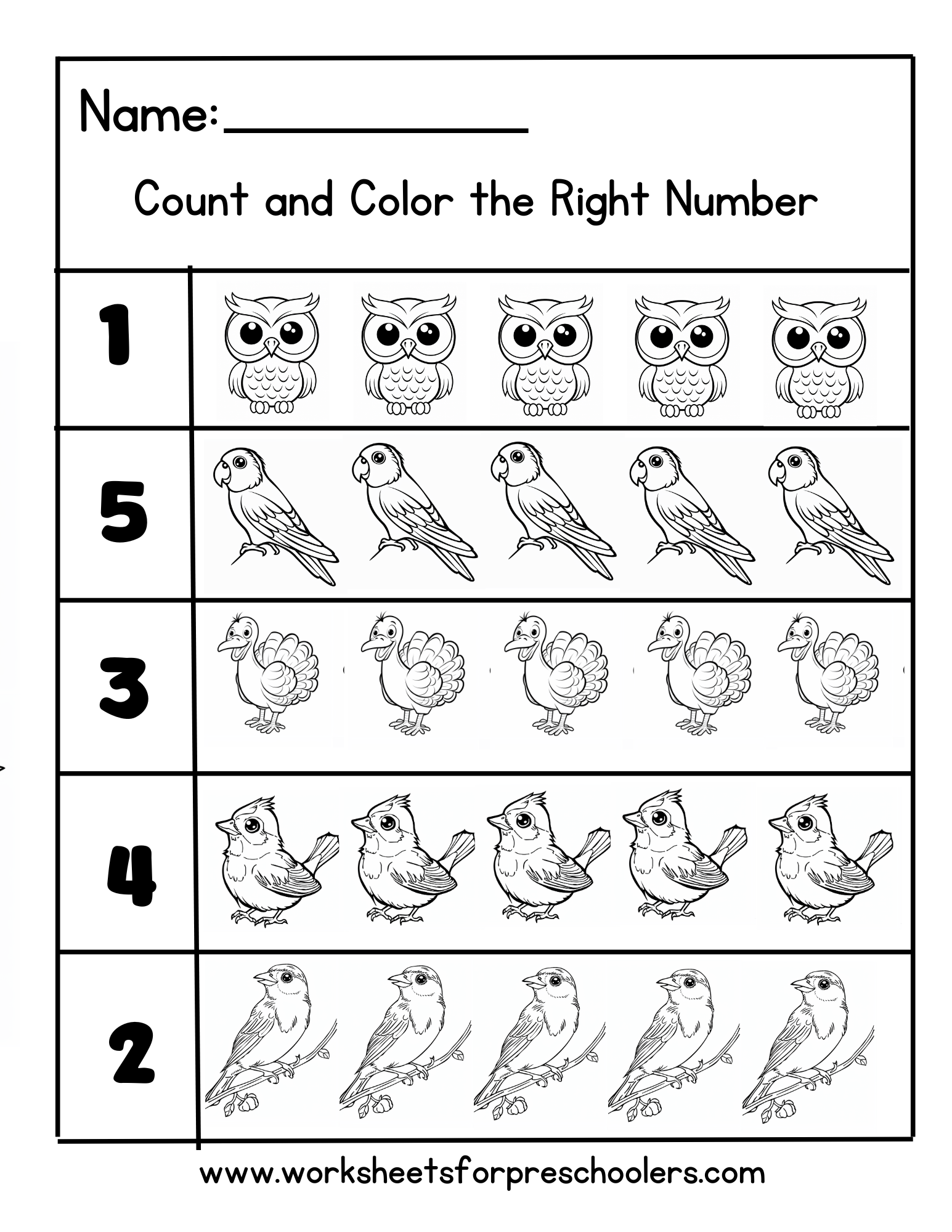 Count and Color Bird Theme Worksheet