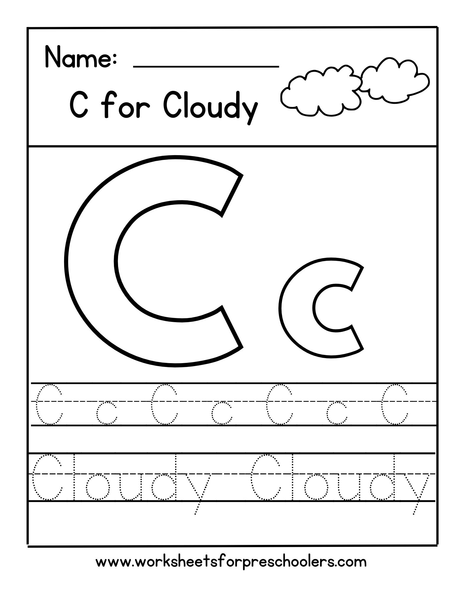 C for Cloudy Letter Tracing Worksheet 
