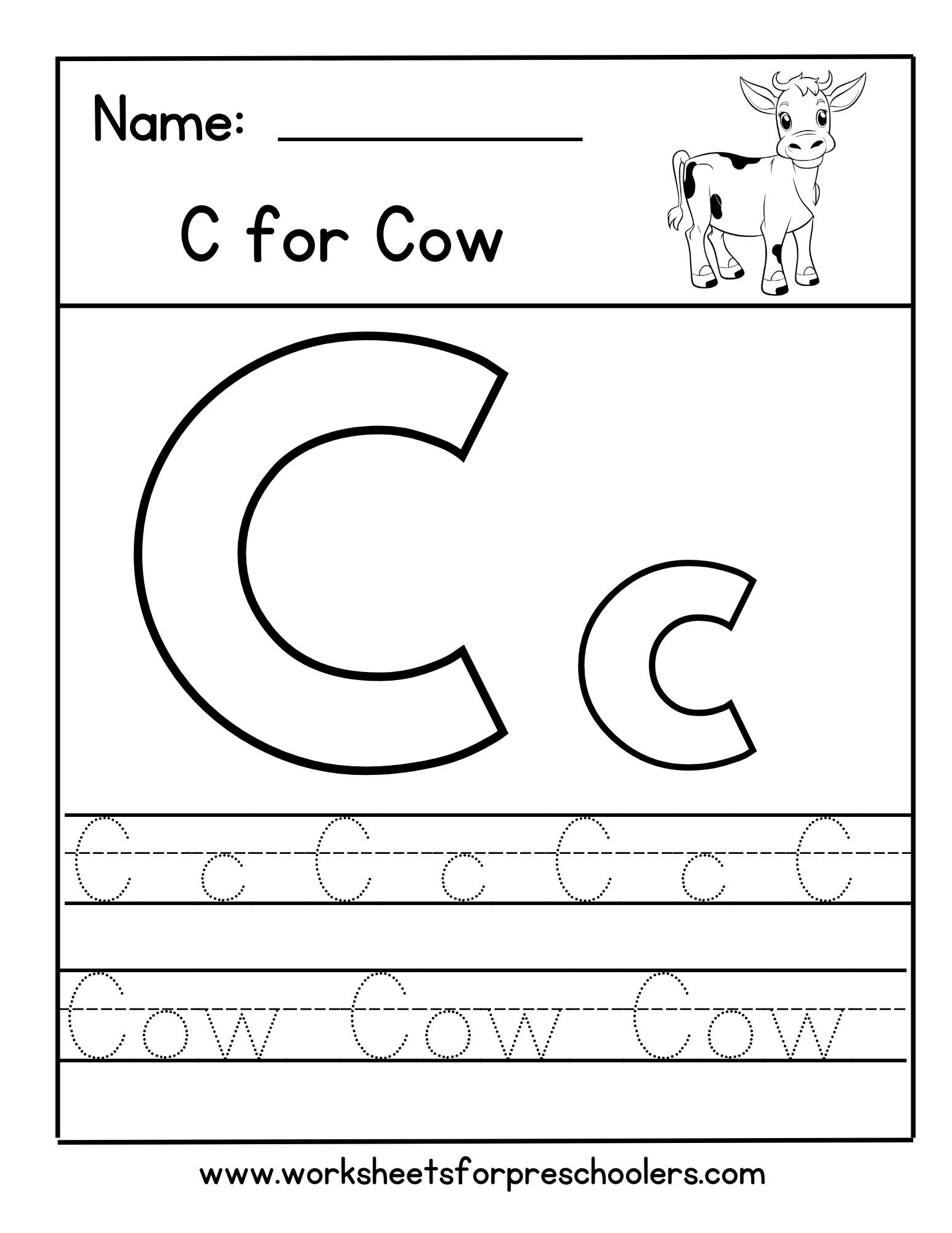 C for Cow Letter Tracing Worksheet  C for Cow Letter Tracing Worksheet