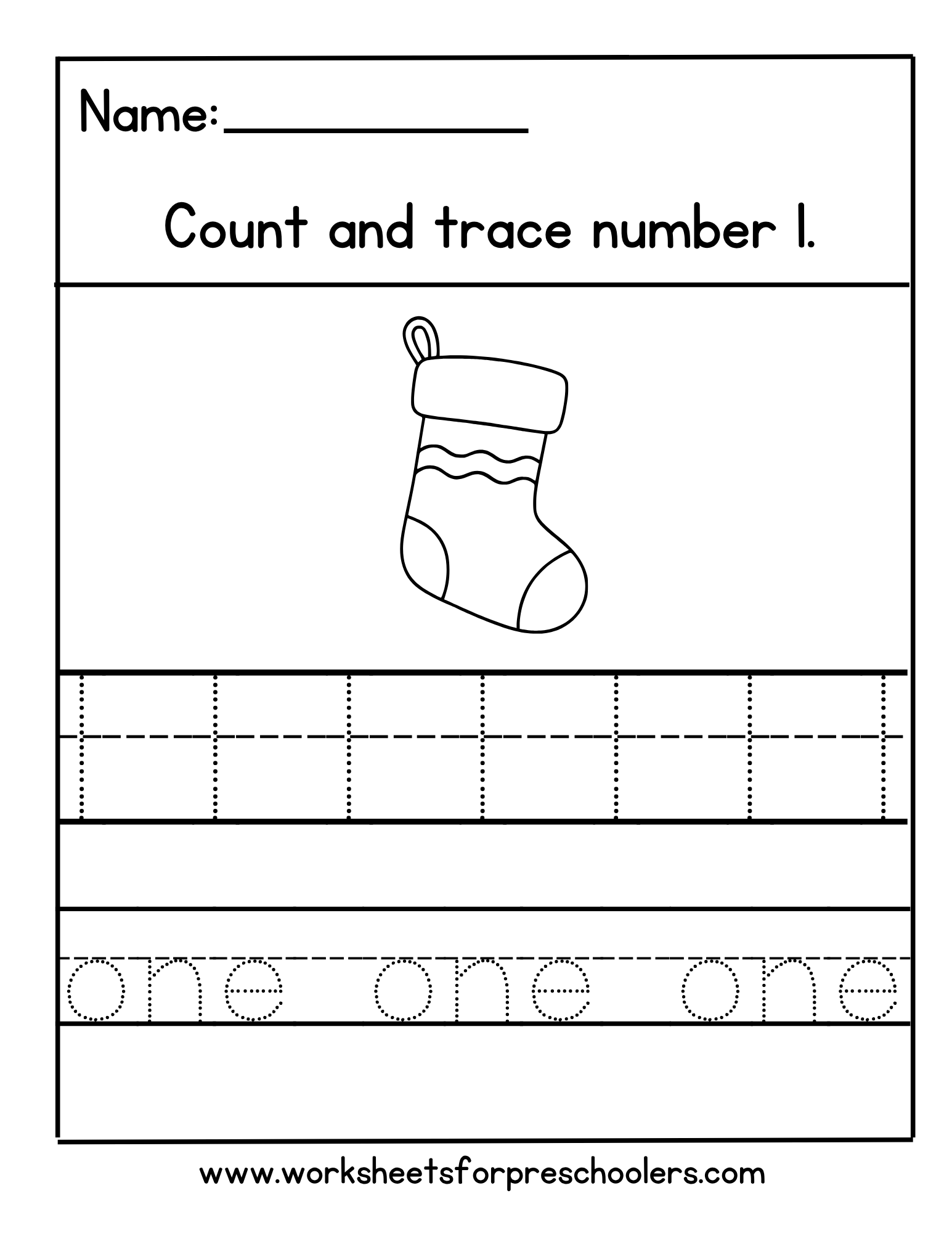Christmas Stocking Number 1 Tracing Worksheet Christmas Stocking Number 1 Tracing Worksheet