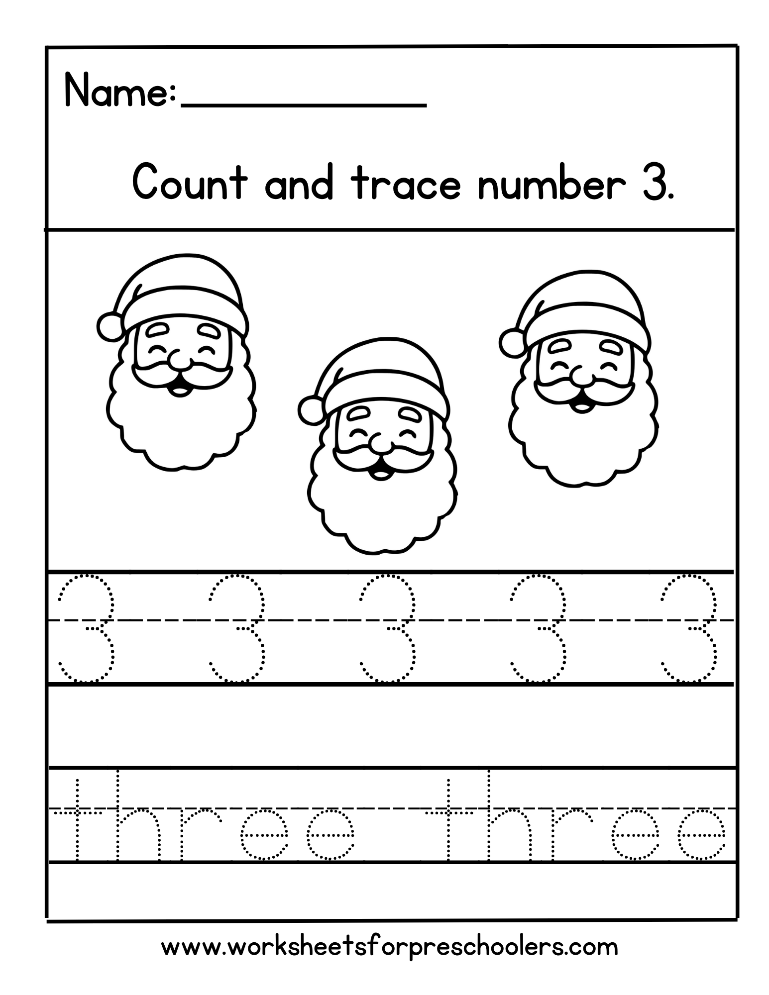 Santa Number 3 Tracing Worksheet Santa Number 3 Tracing Worksheet