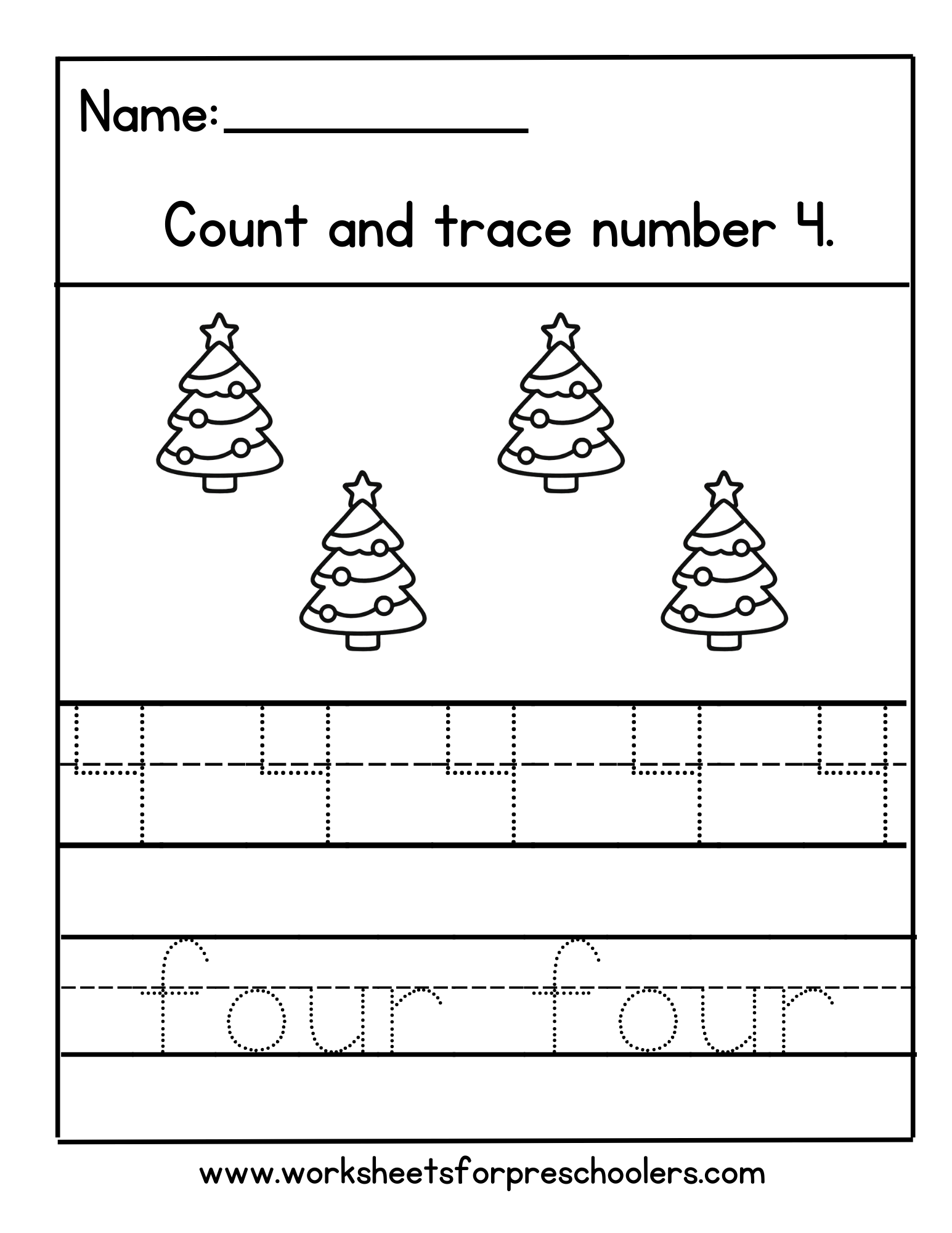 Tracing Number 4 Worksheet