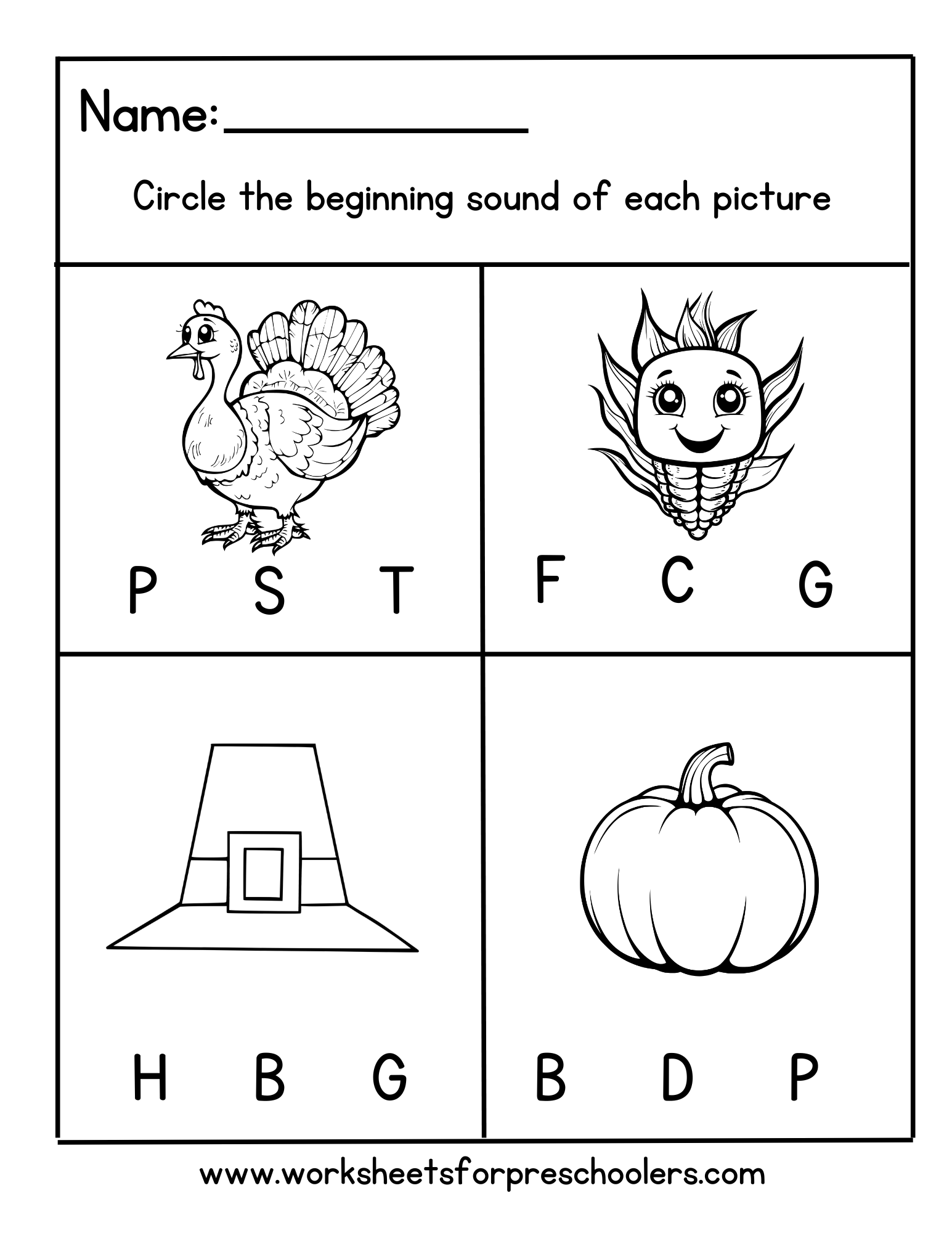 Thanksgiving Beginning Sound Worksheet 