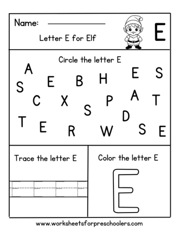 Letter E for Elf worksheet
