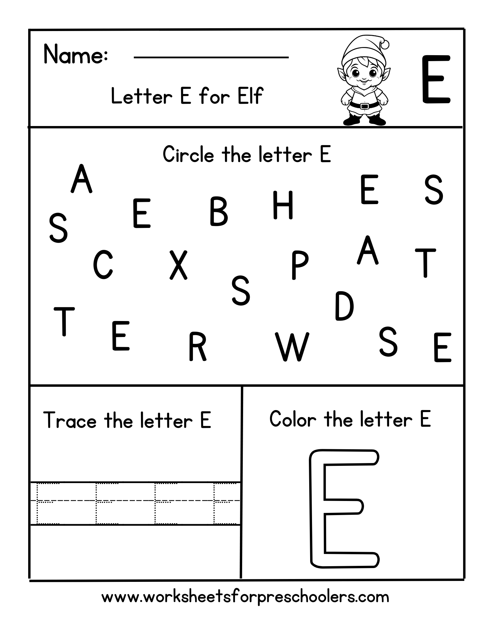 Letter E for Elf Christmas worksheet