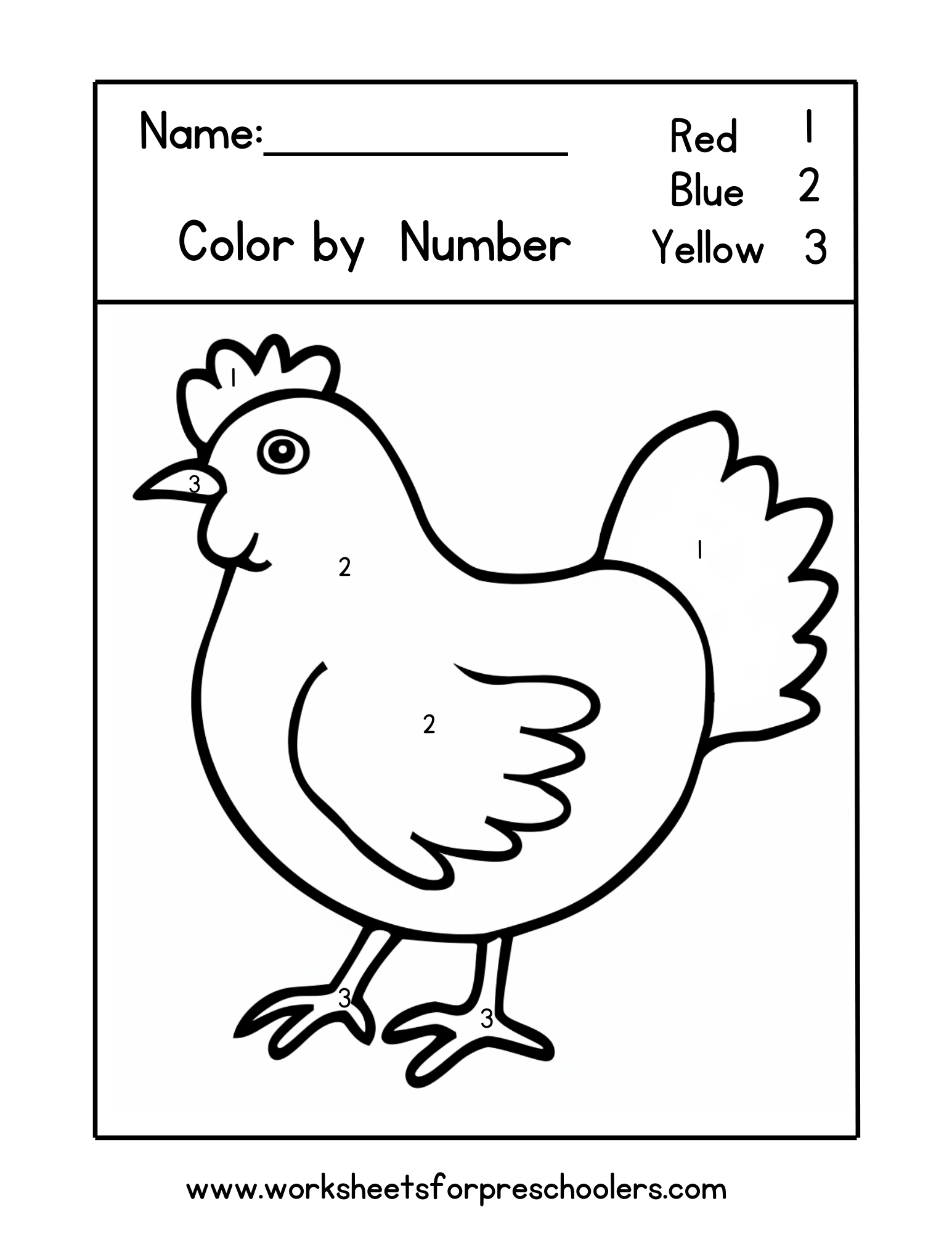 Chicken Color by Number Worksheet Preschool