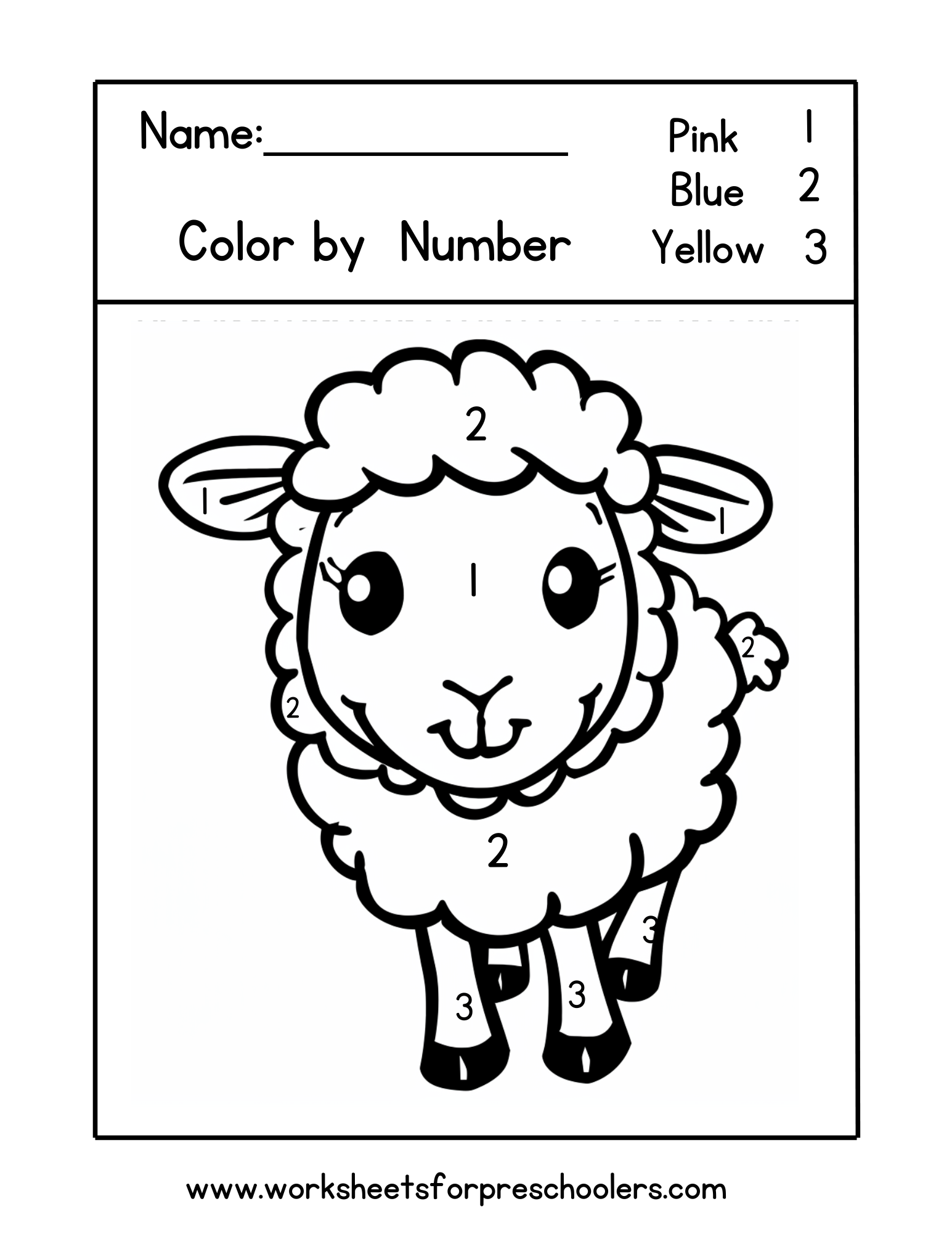Color by Number Sheep Worksheets for preschool
