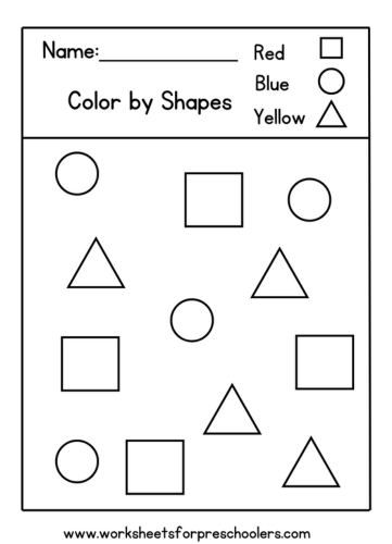 Color by Shapes Worksheets for Preschoolers circle squares triangles
