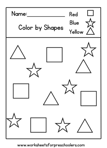 Color by Shapes Worksheets for Preschoolers star square triangle
