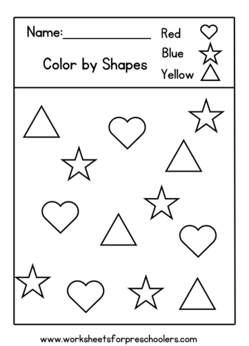 Color by Shapes Worksheets for Preschoolers heart square triangle