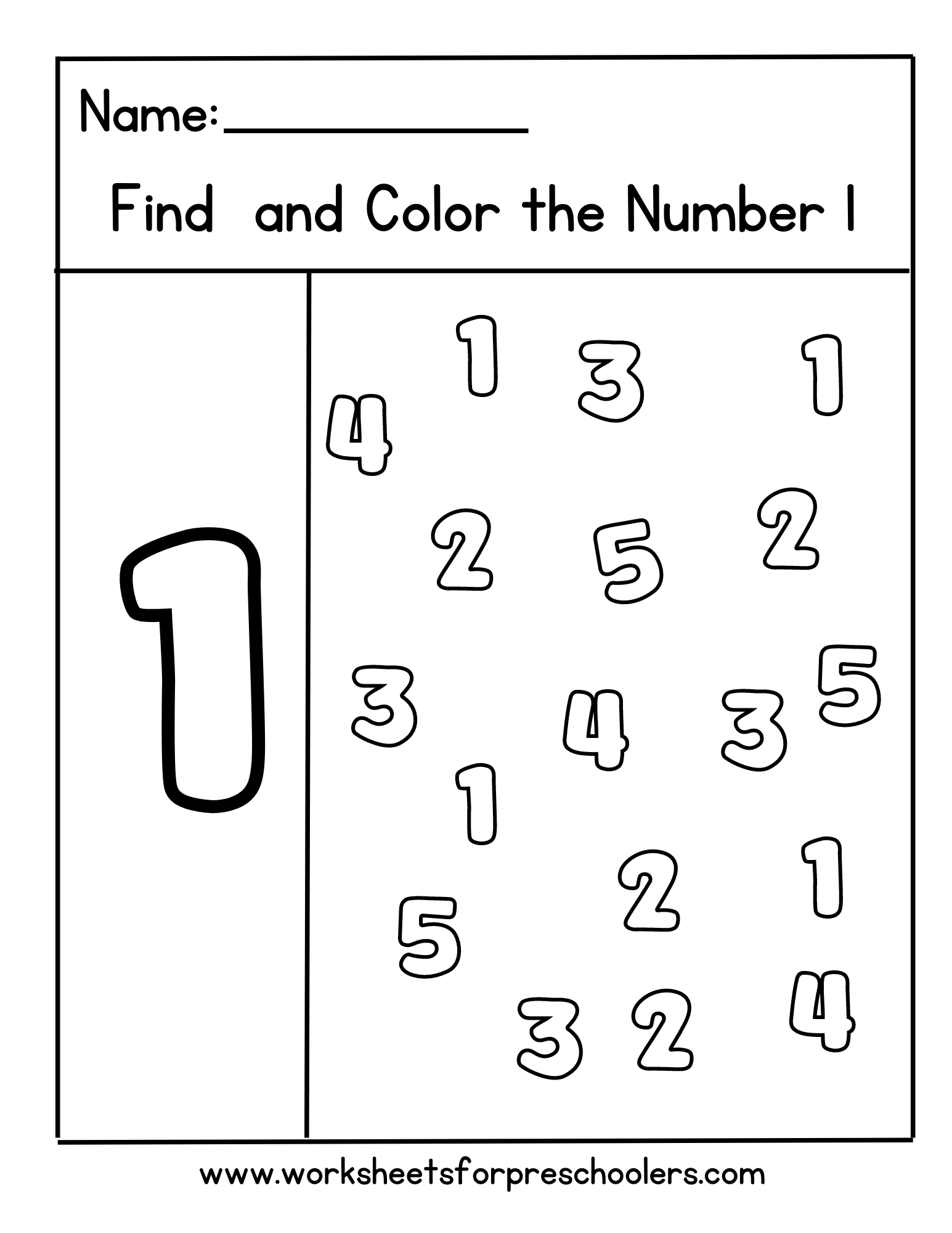 Preschool Math Activity Worksheet Find and Color Number 1