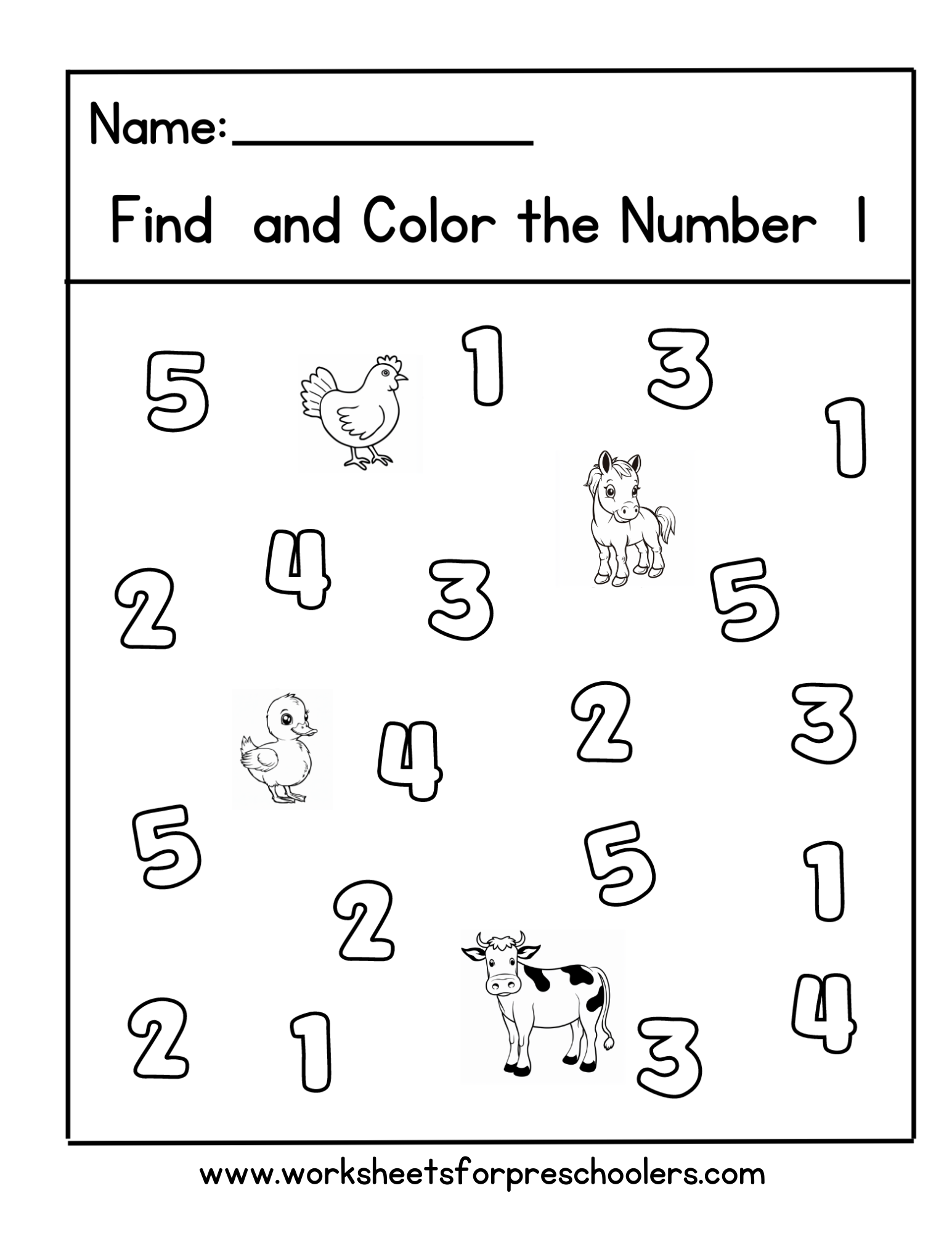 Farm Animal Preschool Math Activity Find and Color Number 1