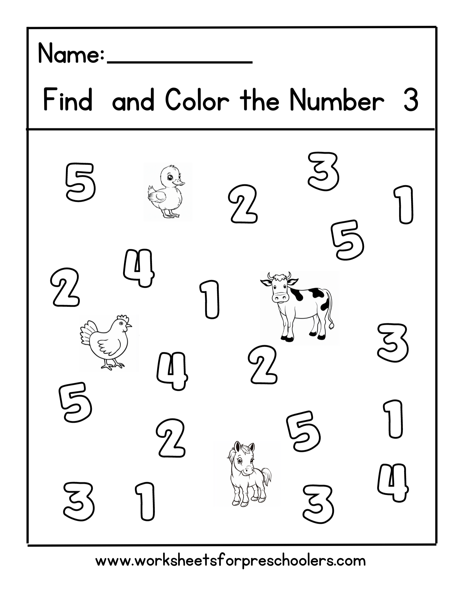 Farm Animal Preschool Math Activity Find and Color Number 3