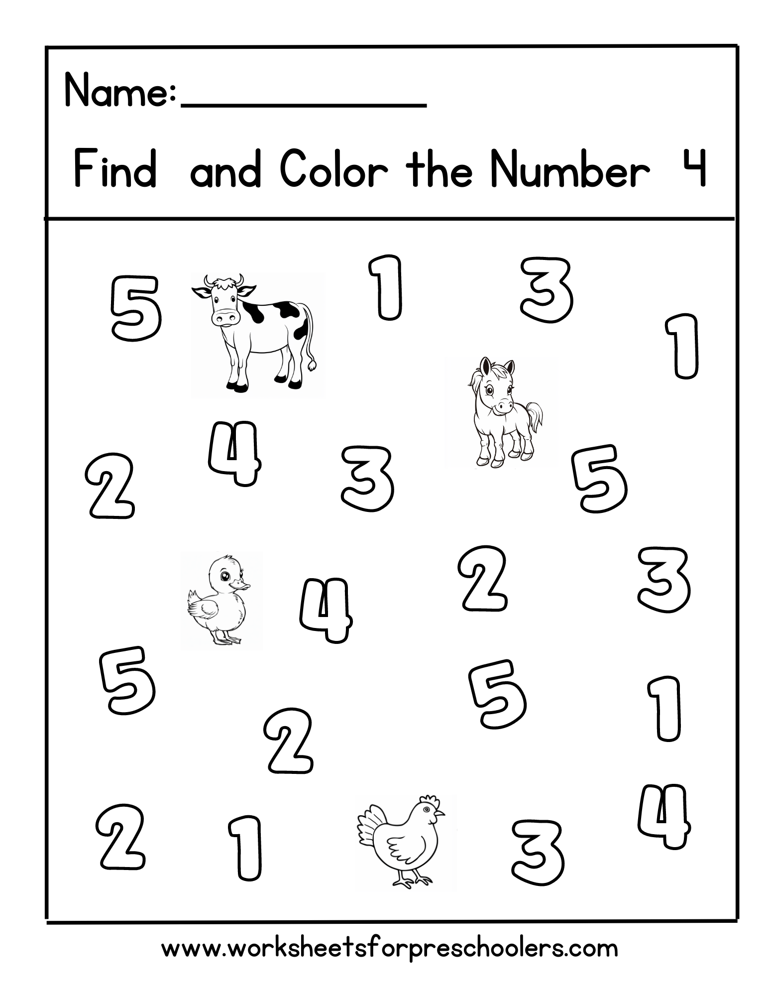 Farm Animal Preschool Math Activity Find and Color Number 4