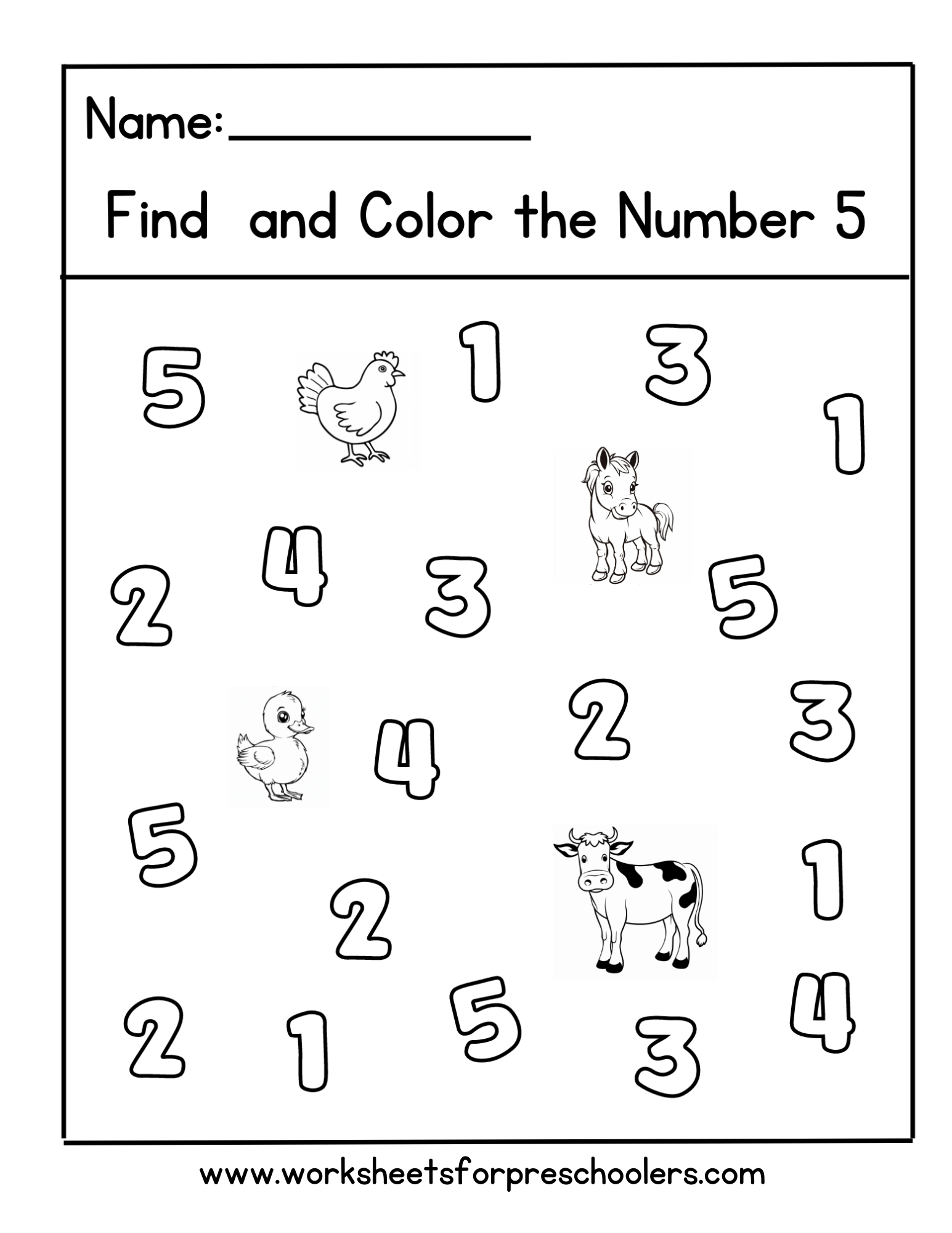 Farm Animal Preschool Math Activity Find and Color Number 5