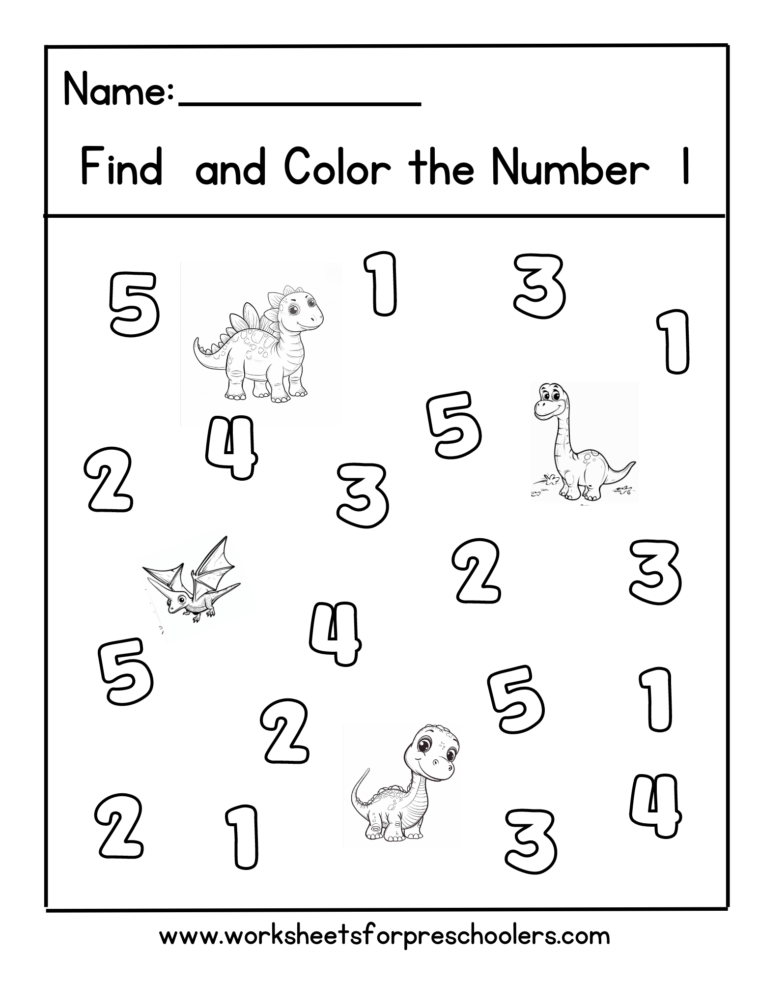 Dinosaur Preschool Math Activity
Find and Color Number 1