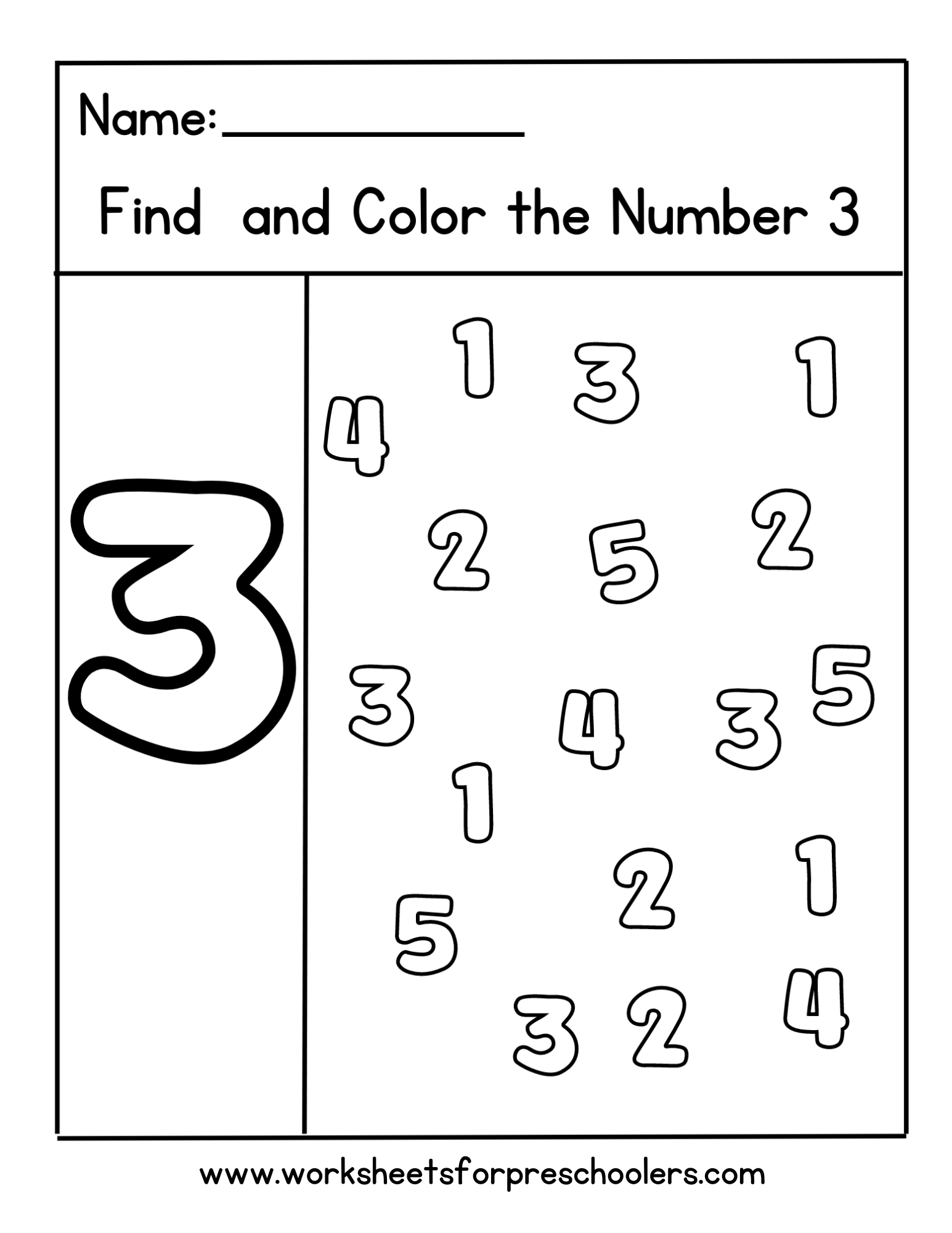 Preschool Math Activity Worksheet Find and Color
Number 3