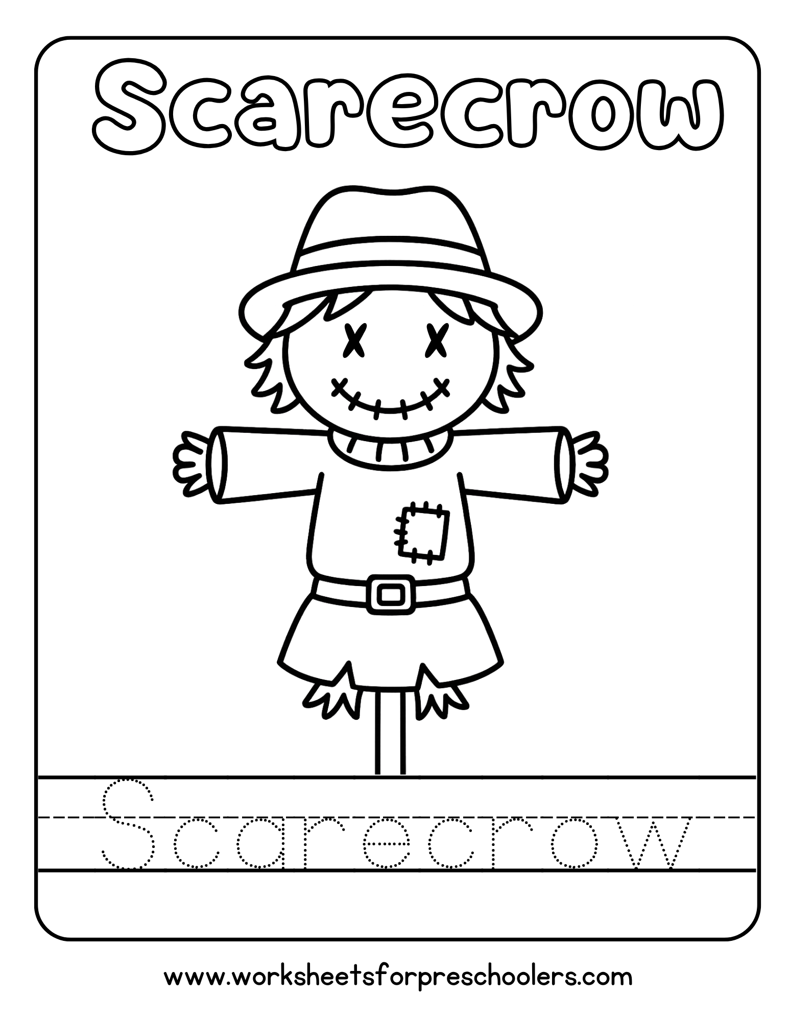 Word Scarecrow Trace and Color Worksheet