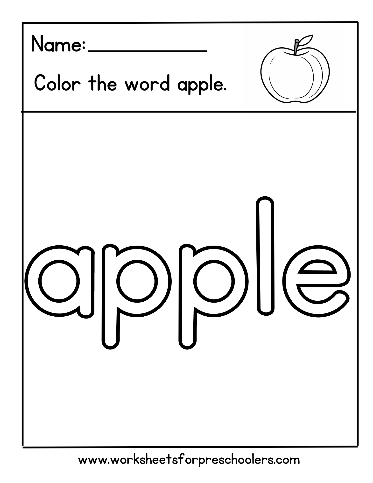 Preschool Name and Color the Sight Word Apple Worksheet