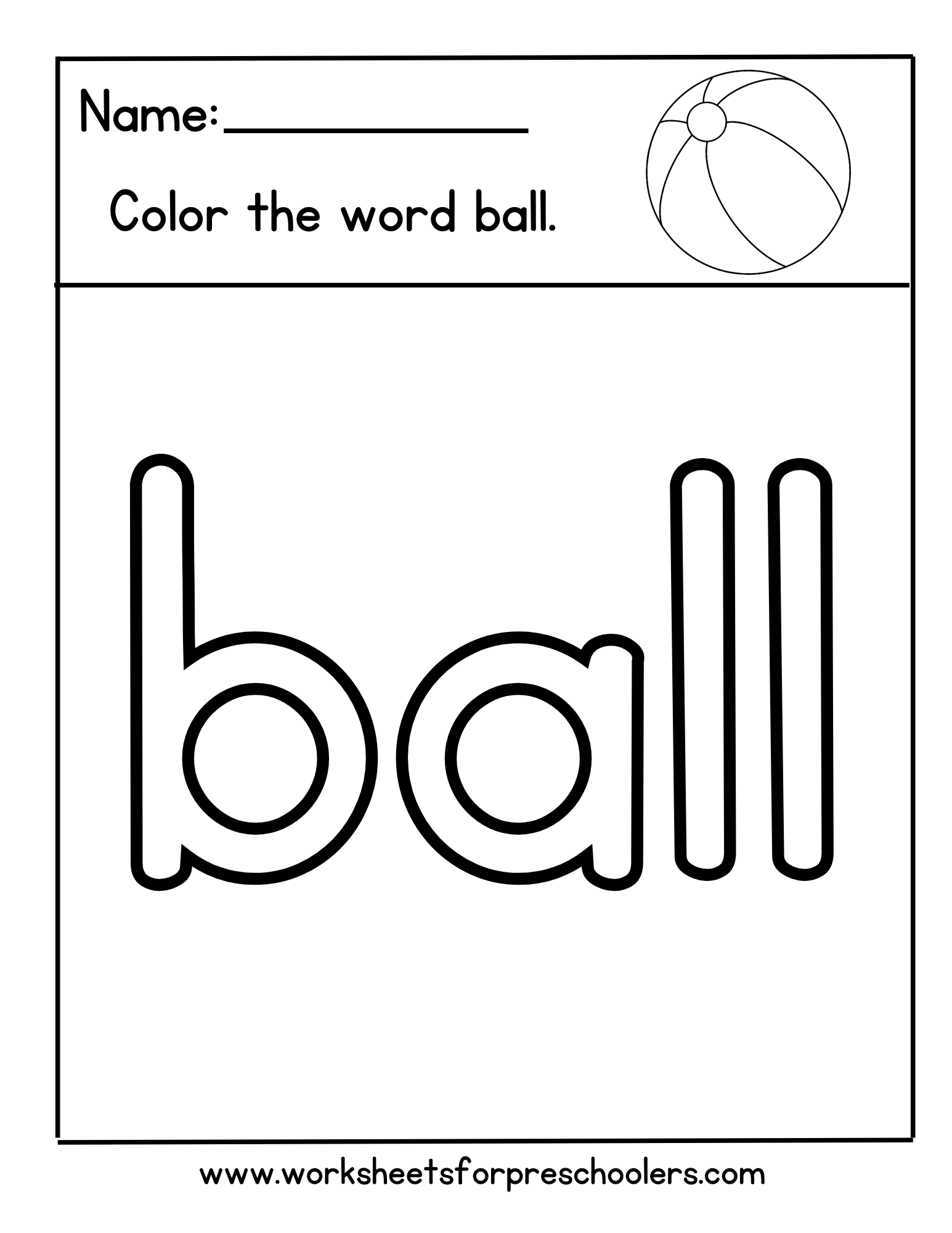 Preschool Name and Color the Sight Word Ball Worksheet