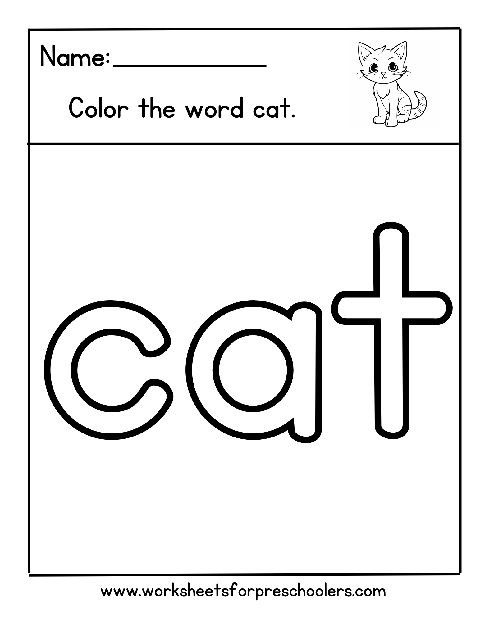 Preschool Name and Color the Sight Word Cat Worksheet