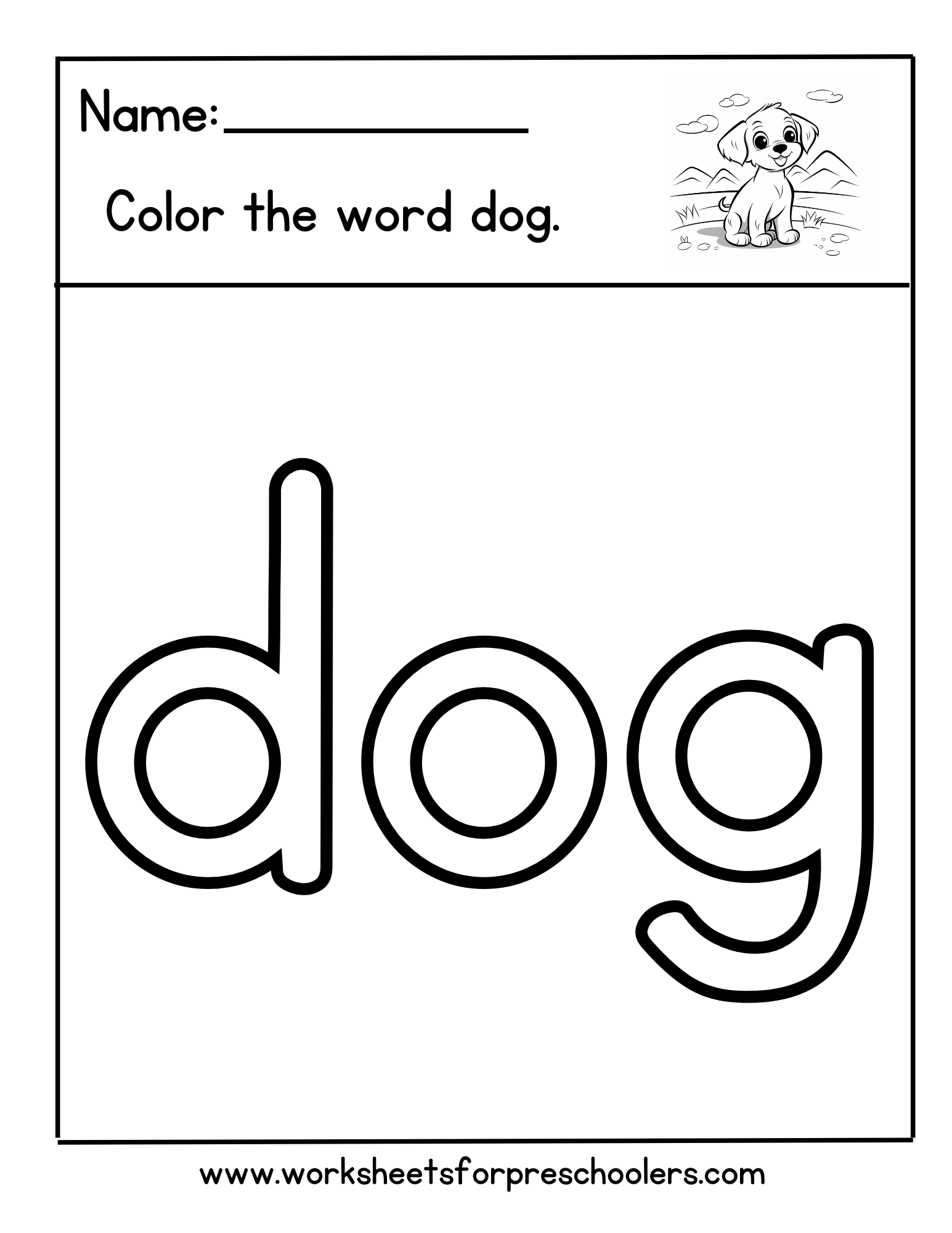 Preschool Name and Color the Sight Word Dog Worksheet