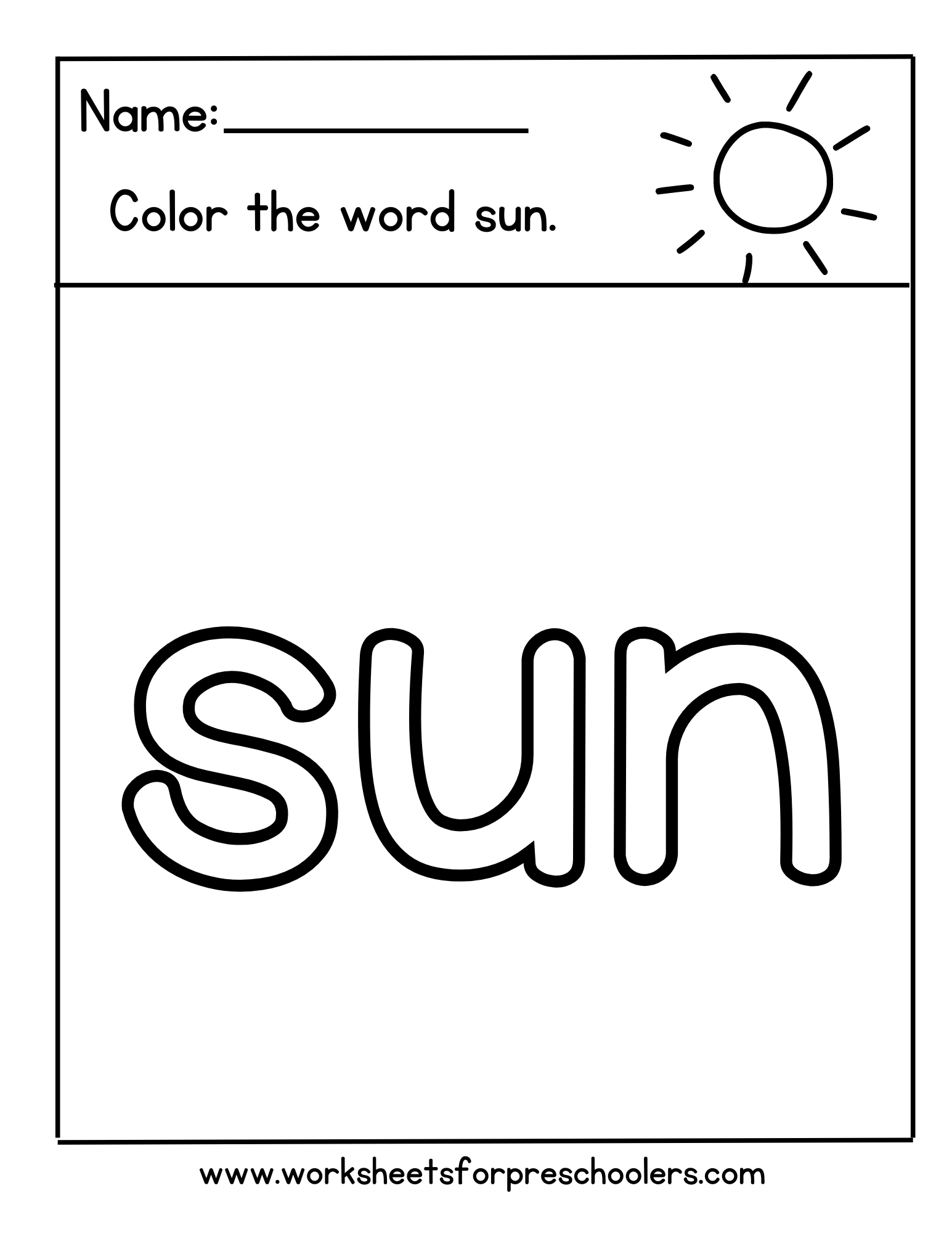Preschool Name and Color the Sight Word Sun Worksheet