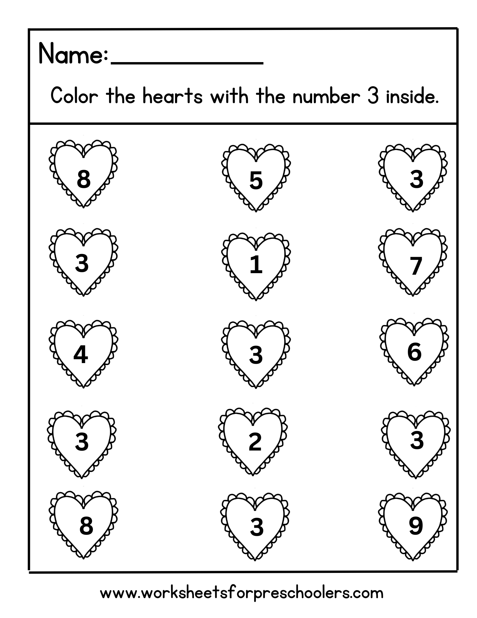 Valentine Number Recognition Worksheet