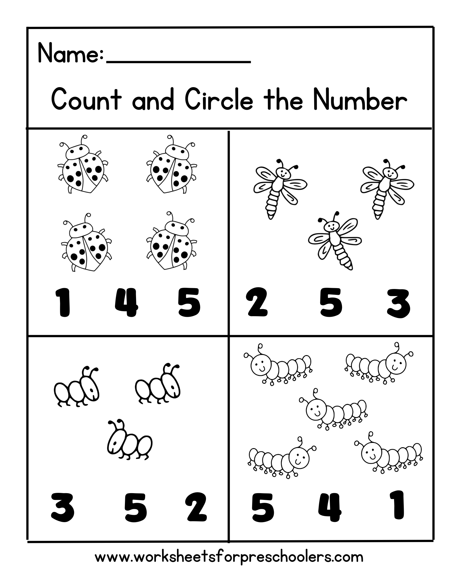Bugs Count and Circle Math Worksheet