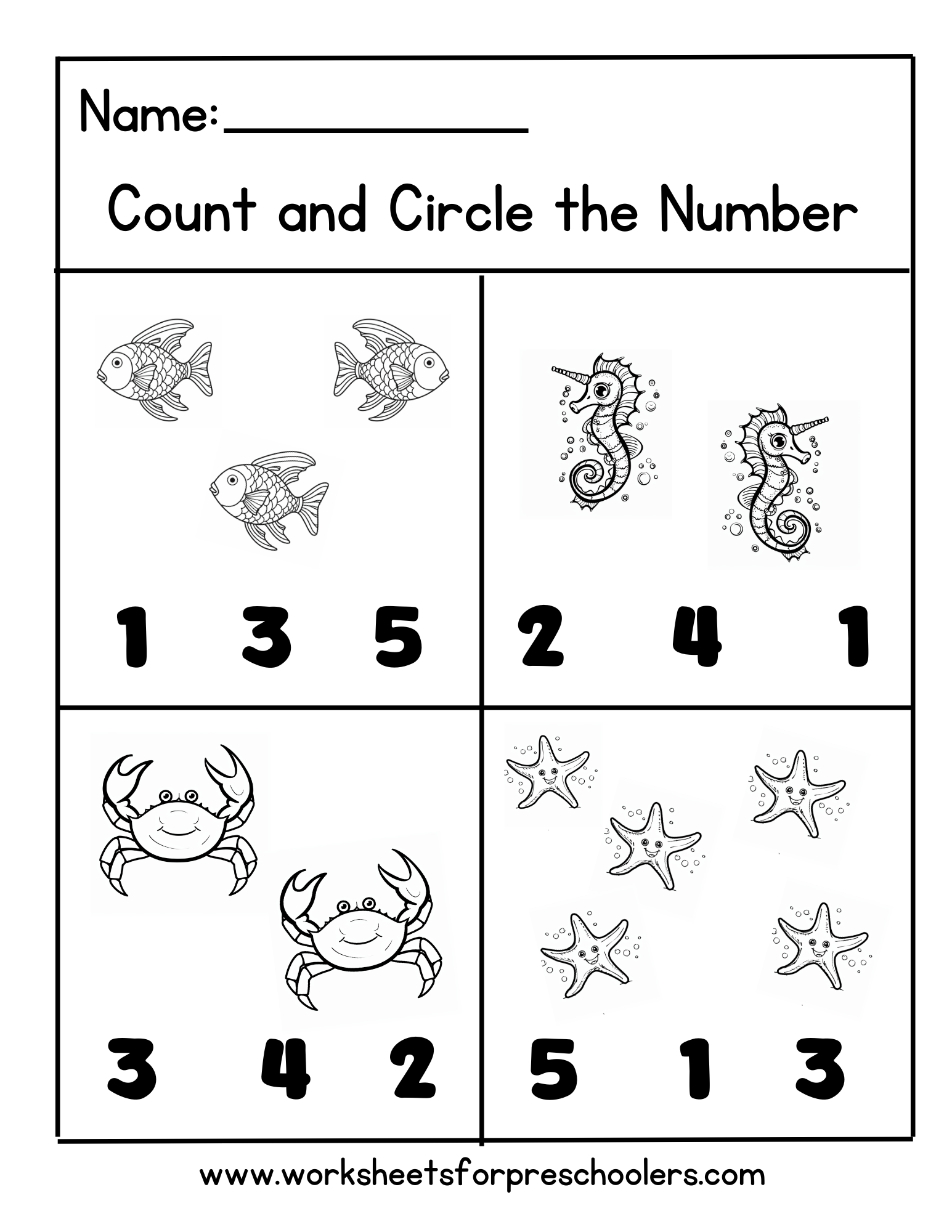 Preschool Count and Circle Number Math Activity Worksheet Ocean Theme Preschool Count and Circle Number Math Activity Worksheet Ocean Theme