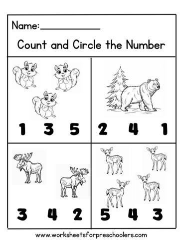 Count and Circle Number Math Activity Worksheet Forest Animals Theme