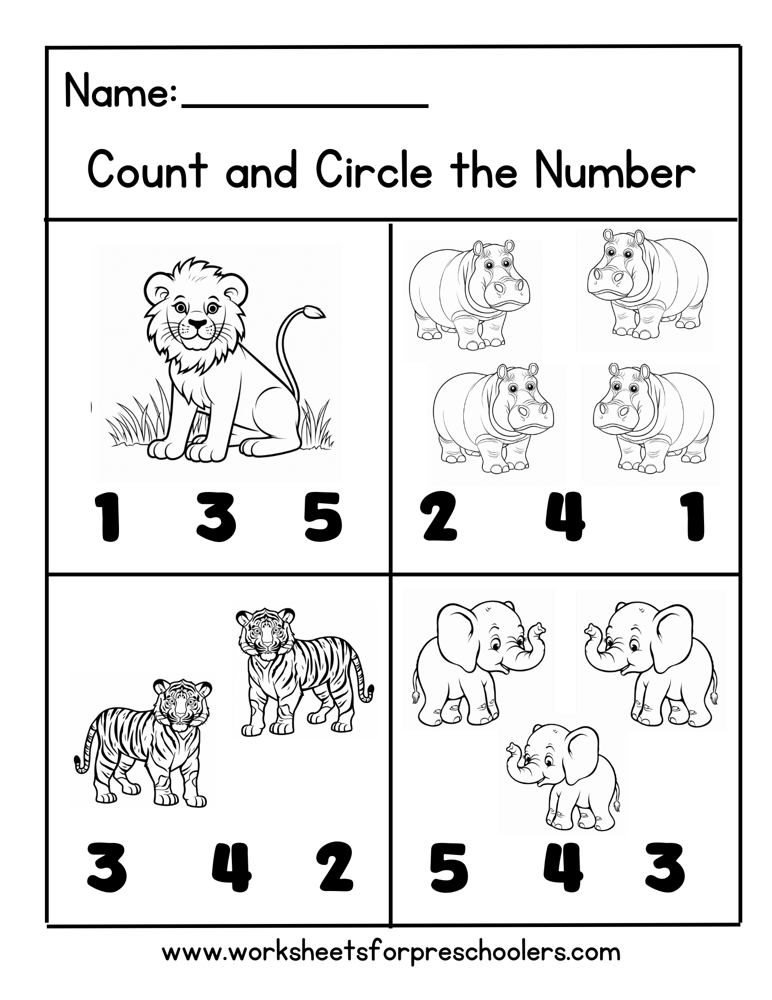Preschool Count and Circle Number Math Activity Worksheet Jungle Animals Theme