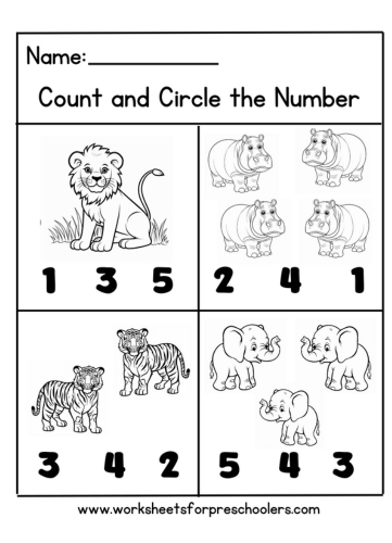 Count and Circle Number Math Activity Worksheet Jungle Animals