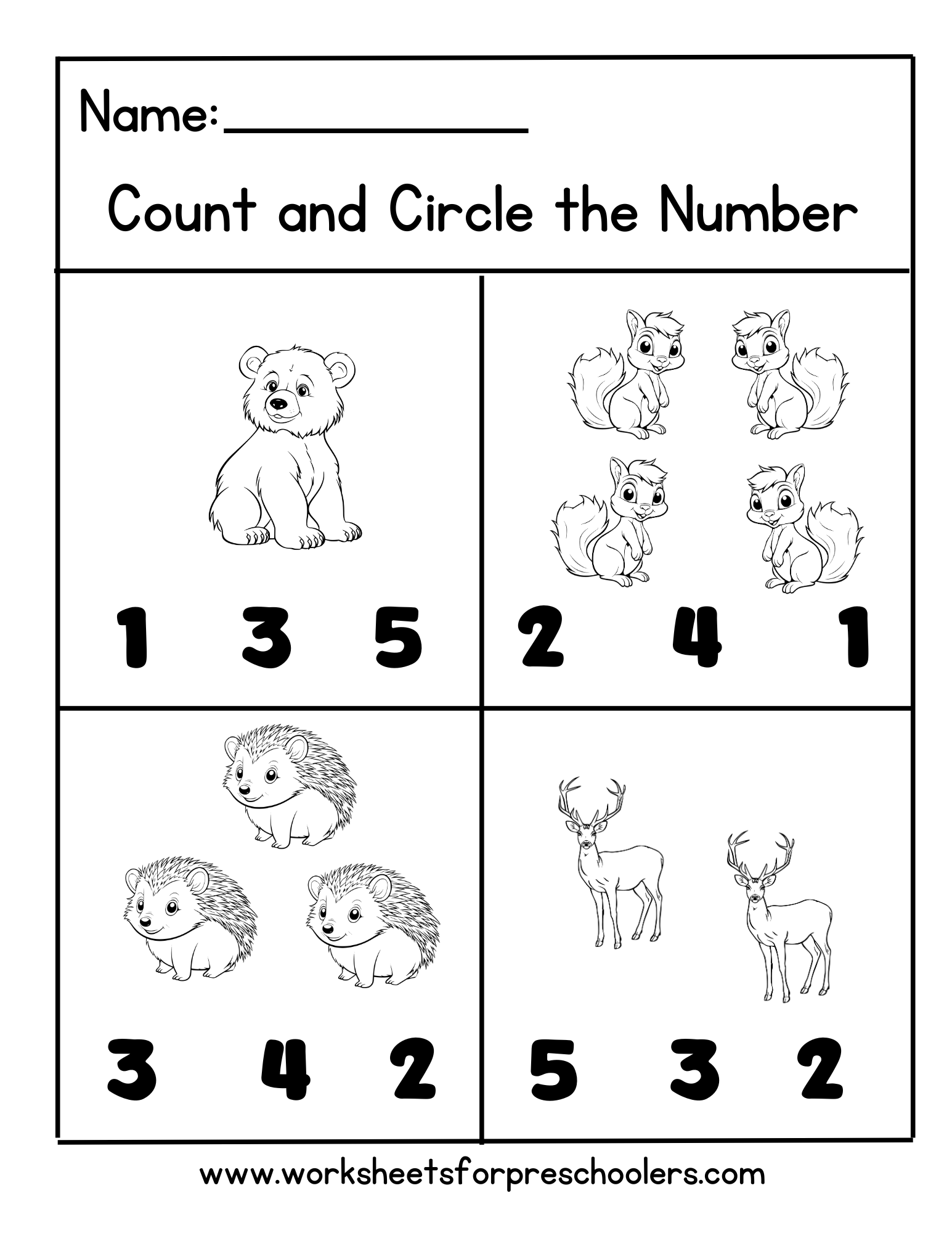 Forest Animal Count and Circle Worksheet