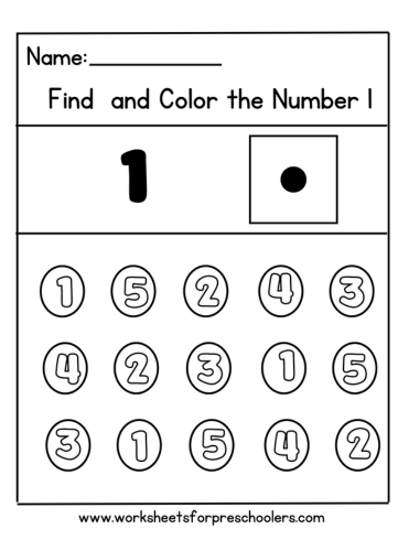 Preschool Find and Color Number 1 Math Worksheet