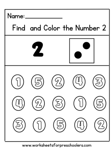 Preschool Find and Color Number 2 Math Worksheet