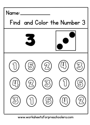 Preschool Find and Color Number 3 Math Worksheet